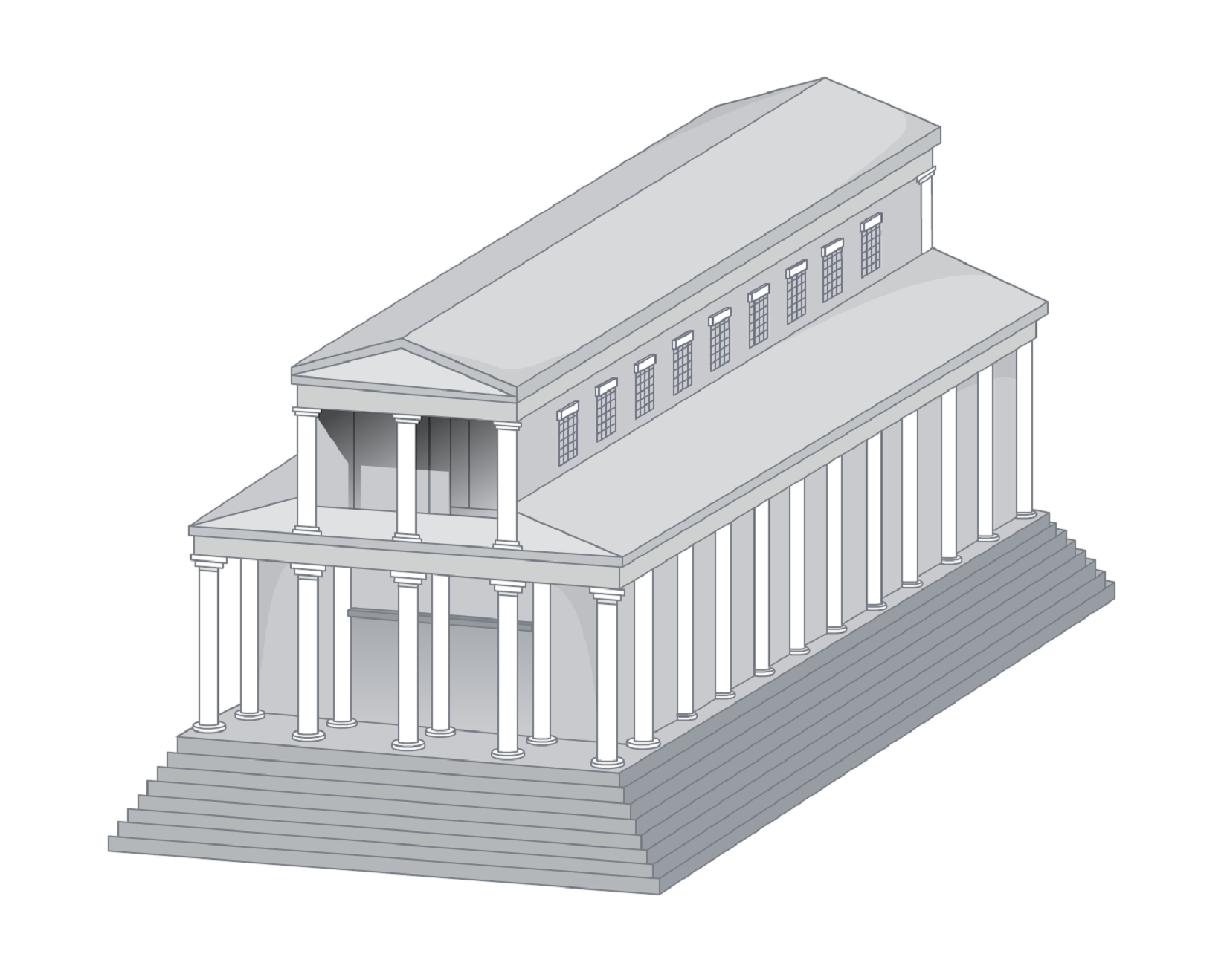 Ilustracja przedstawia komputerową rekonstrukcję budynku Basilica Porcia [czytaj: czytaj: bazilika porczia] w kolorze szaro - białym. Budynek ten jest dwupiętrowy, w kształcie prostokąta. Całość budynku stoi na kilku wąskich schodach. Od przodu i boku podpierają go białe kolumny. Na górnym piętrze budynku od prawej strony znajduje się dziewięć okien z kratami. Budynek został przedstawiony na białym tle. 