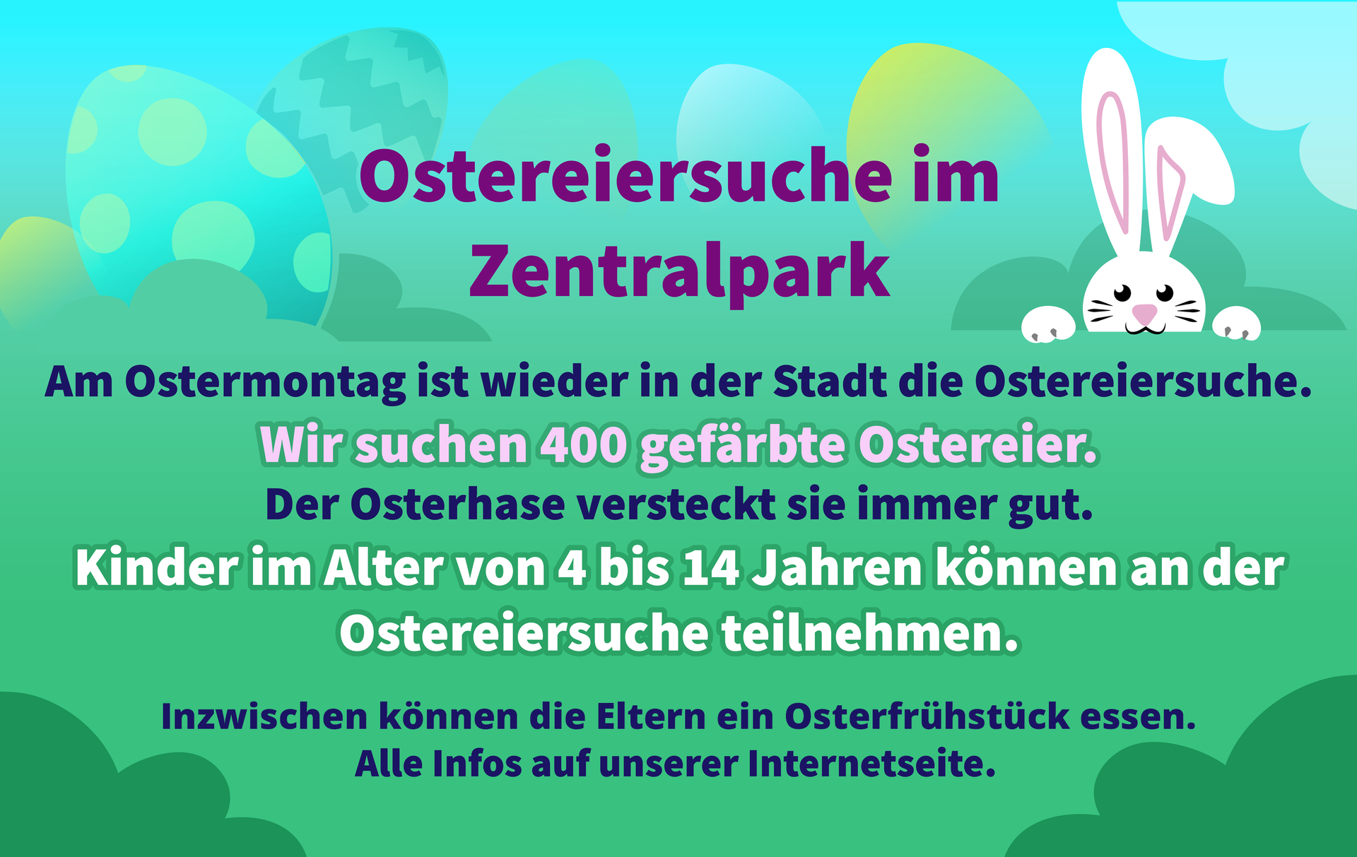 Ilustracja przedstawia wielkanocną ulotkę w zielonej kolorystyce. Wokół tekstu umieszczono króliczka i pisanki. Transkrypcja tekstu dostępna jest poniżej.