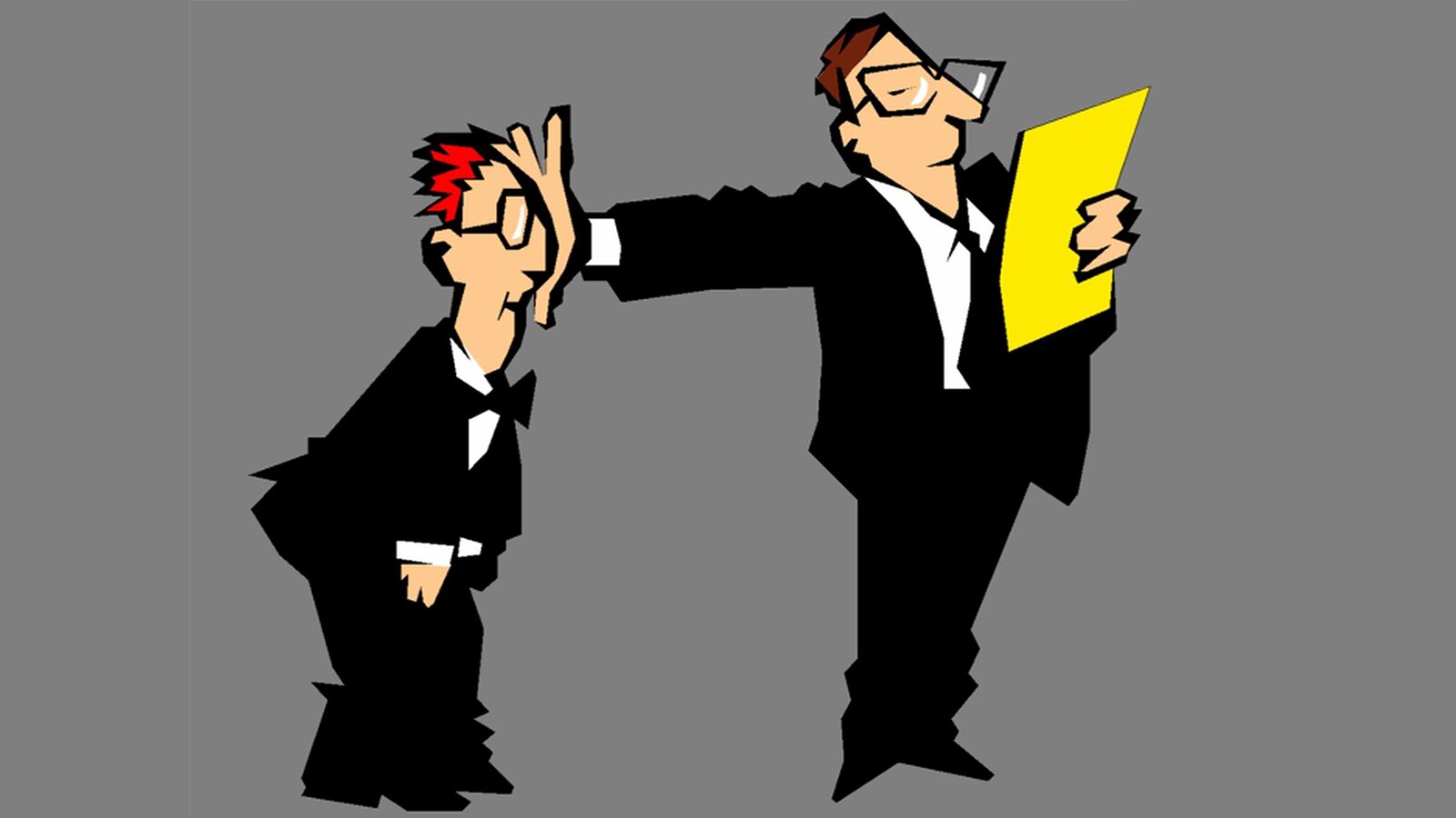 Grafika schematycznie przedstawia dwóch mężczyzn w czarnych garniturach. Mężczyzna po prawej stronie w lewej dłoni trzyma żółtą kartkę, na którą spogląda zza okularów, a prawą wyprostowaną i wyciągniętą do tyłu ręką zasłania twarz mężczyzny stojącego po lewej stronie. Mężczyzna po lewej stronie jest lekko zgarbiony. 