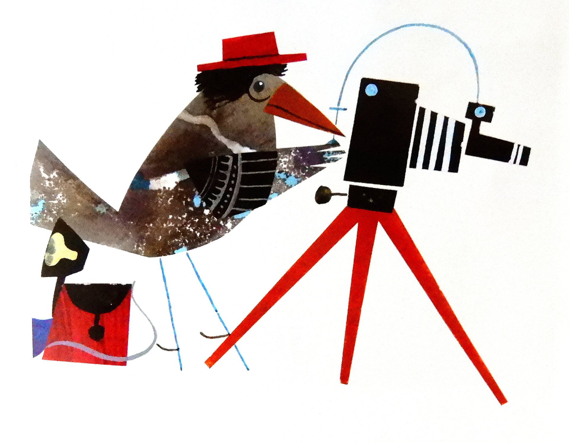 Ilustracja przedstawia pracę Zbigniewa Rychlickiego z książki Czesława Janczarskiego "Wędrówki Misia Uszatka". Ukazuje ptaka z kapeluszem na głowie stojącego przed aparatem fotograficznym zamontowanym na statywie.