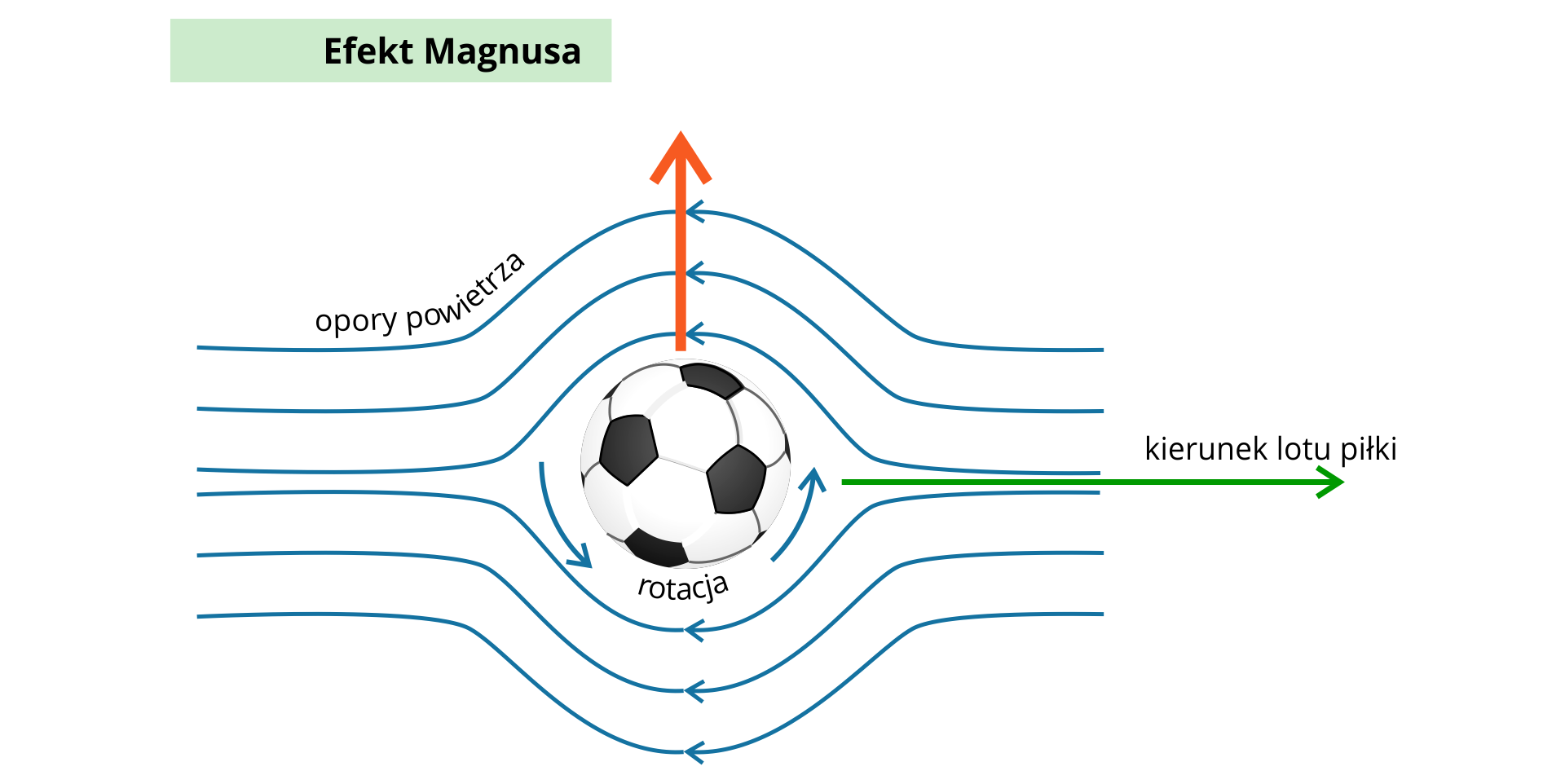 Pośrodku grafiki znajduje się piłka nożna. Wokół piłki, przy jej powierzchni, dwie strzałki skierowane przeciwnie do ruchu wskazówek zegara, z napisem  między nimi: rotacja. Od prawej strony obrazka wychodzą poziome linie ze strzałkami, przechodzące wokół piłki w lewą stronę, z napisem nad nimi: opory powietrza. Od piłki w prawą stronę odchodzi strzałka z napisem kierunek lotu piłki. Ku górze od piłki odchodzi strzałka. W lewym górnym rogu napis Efekt Magnusa.