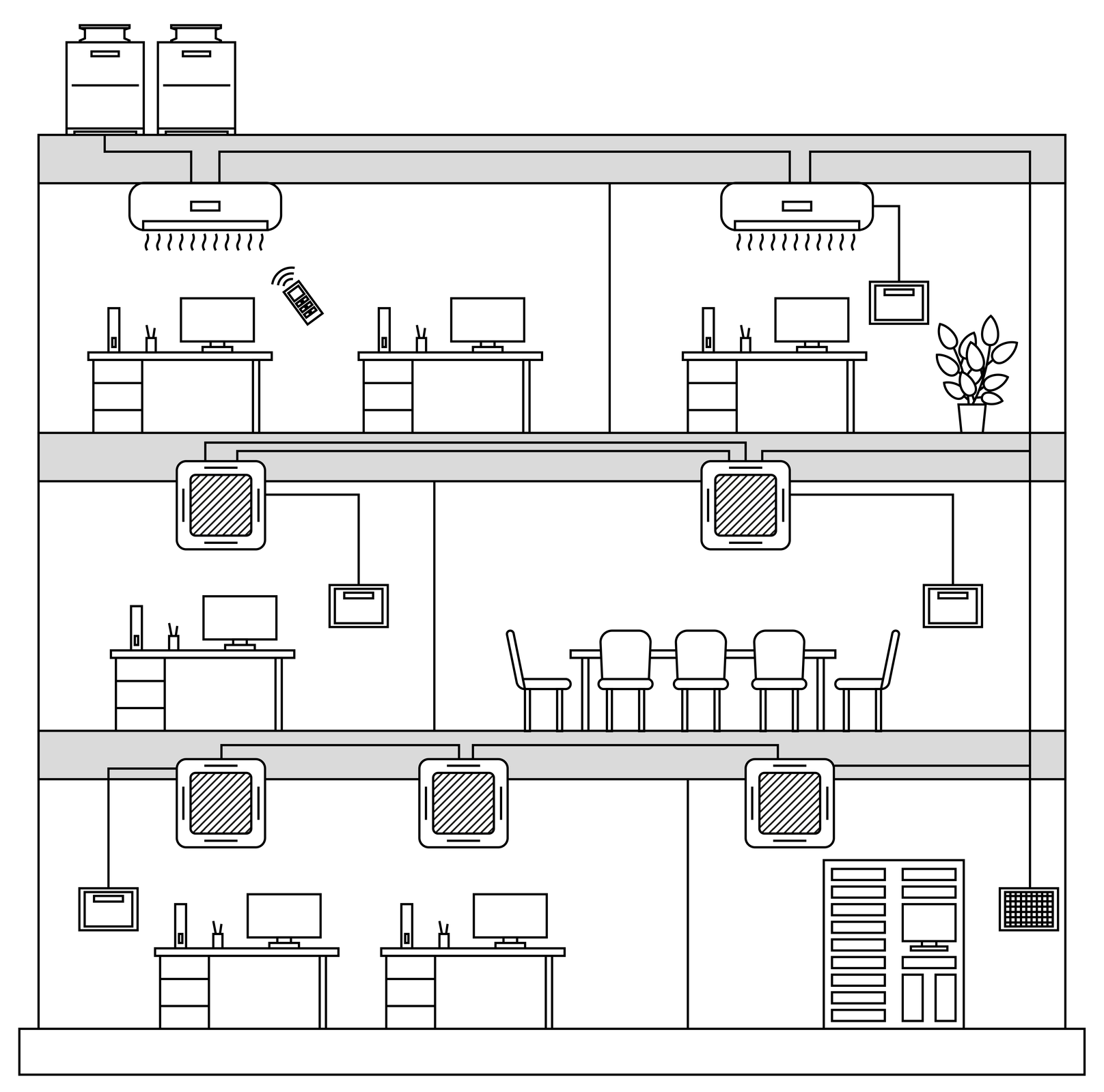 Rysunek przedstawia rzut na  trzy umeblowane pomieszczenia mieszkalne na różnych kondygnacjach budynku. Na najwyższej kondygnacji znajdują się jednostki zewnętrzne klimatyzatora, która są połączone systemem rur z jednostkami wewnętrznymi w każdym z pomieszczeń. Te jednostki wewnętrzne są wyposażone w piloty, które pozwalają na regulację ich pracy. Klimatyzatory zostały zamontowane na ścianach wewnątrz pomieszczeń,  dodatkowo, poniżej tych jednostek wewnętrznych widoczne są miejsca montażu naczyń wyrównawczych. 