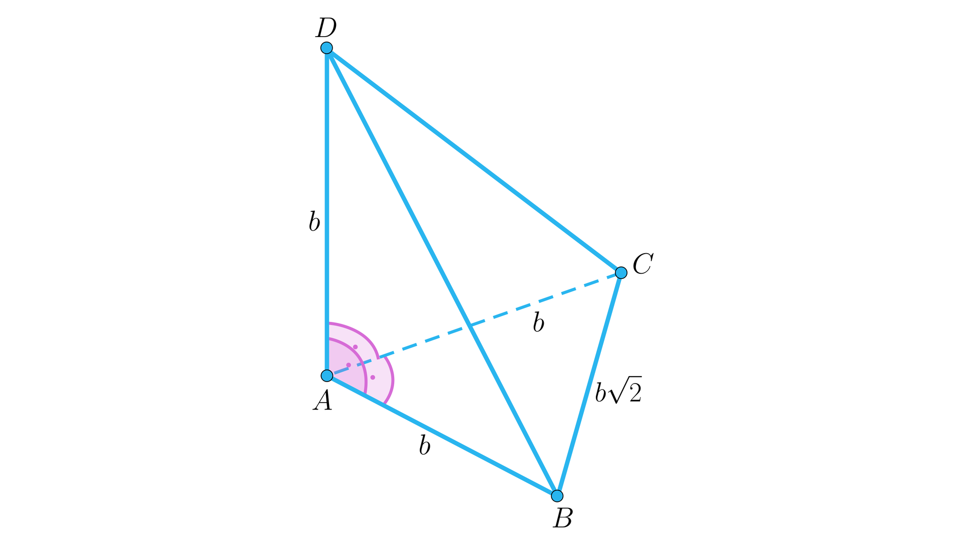 Ilustracja przedstawia ostrosłup, którego podstawą jest trójkąt A B C, wierzchołek górny podpisano literą D. Kąt BAD, kąt CAD oraz kąt BAC są kątami prostymi. Odcinki AD, AC oraz AB podpisano literą b. Z kolei odcinek BC podpisano b2.