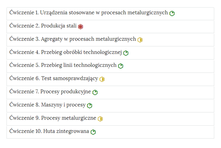Zdjęcie przedstawia przykładowy wygląd zakładek zawierających interaktywne materiały sprawdzające. Składają się one z prostokątnych paneli umieszczonych jeden pod drugim. Każdy panel posiada numer oraz tytuł, który nawiązuje do zawartego w nim zadania.