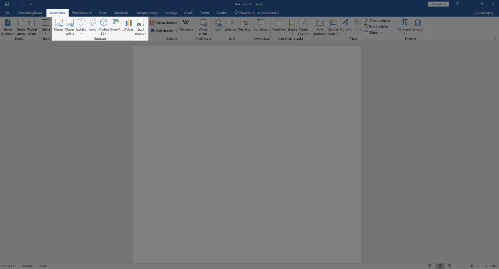 Na zrzucie ekrany jest otwarty pusty plik Microsoft Word. Na górze jest wstążka z opcjami. Narzędzia główne. Wstawianie, Projektowanie. Układ. Odwołania. Korespondencja. Recenzja. Widok. Pomoc. Acrobat. Wybrane jest wstawianie. Niżej są ikonki z podpisem. Podświetlone są osiem ikonek. Obrazy. Obrazy online. Kształty. Ikony. Modele 3D. SmartArt. Wykres. Zrzut ekranu.