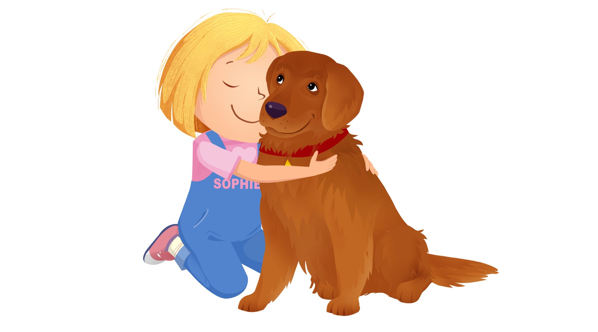 Na ilustracji znajduje się dziewczynka przytulająca psa.