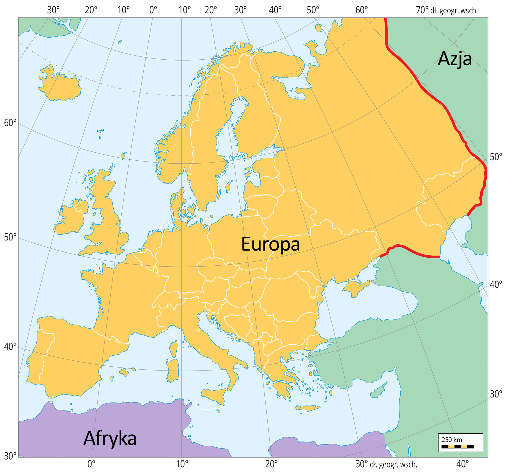Mapa przedstawia Europę oznaczoną na żółto. Azja jest oznaczona kolorem zielonym, a Afryka fioletowym. Pomiędzy Europą a Azją narysowano czerwoną linię biegnącą wzdłuż gór Ural oraz między Morzem Azowskim a Kaspijskim, oddzielającą te dwa kontynenty.