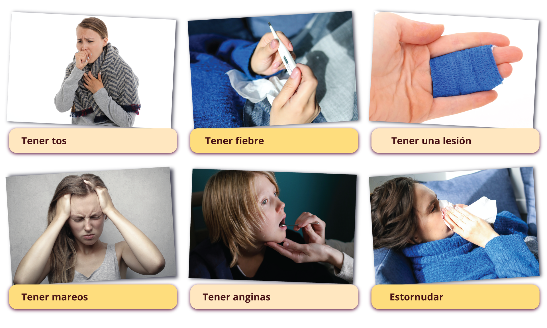 Grafika przedstawia zdjęcia z podpisami. Kaszląca kobieta - tener tos, termometr trzymany w dłoniach - tener fiebre, zabandażowane palce - tener una lesión, kobieta trzymająca się za głowę - tener mareos, dziecko, któremu ktoś wkłada szpatułkę do buzi - tener anginas, kobieta w swetrze, która wydmuchuje nos - estornudar.