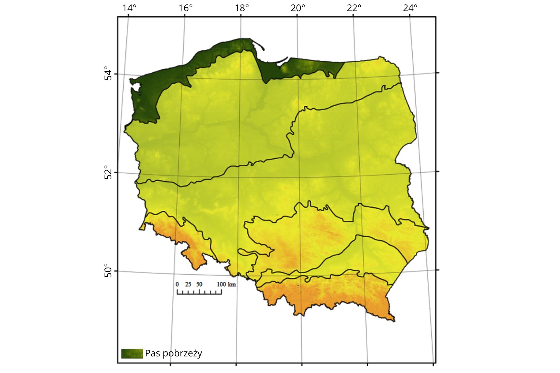 Grafika przedstawia mapę Polski, na której zaznaczono pasy geomorfologiczne. Kolorem zielonym oznaczono pas pobrzeży, który położony jest wzdłuż polskiego wybrzeża Bałtyku i granicy z Rosją (Obwód Kaliningradzki). Ciągnie się od Zatoki Kilońskiej po Kanał Mazurski.