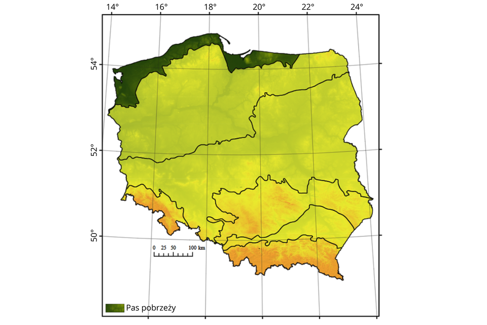 Grafika przedstawia mapę Polski, na której zaznaczono pasy geomorfologiczne. Kolorem zielonym oznaczono pas pobrzeży, który położony jest wzdłuż polskiego wybrzeża Bałtyku i granicy z Rosją (Obwód Kaliningradzki). Ciągnie się od Zatoki Kilońskiej po Kanał Mazurski.