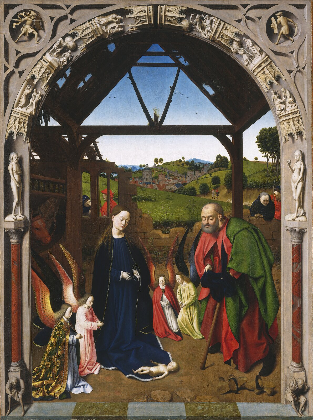 Ilustracja o kształcie pionowego prostokąta przedstawia dzieło Petrusa Christusa „Boże Narodzenie”.  Ukazuje scenę z Nowego testamentu zamieszczoną na tle pejzażu, obramowana w dekoracyjną ramę zwieńczona półkoliście i dekorowaną w górnej części motywami biblijnymi. Oprócz św. Rodziny na obrazie znajdują się dwie pary klęczących aniołów – jedna z przodu po lewej stronie, druga z tyłu, pomiędzy Józefem i Marią. Za murem przypatrują się scenie dwie postacie.  
