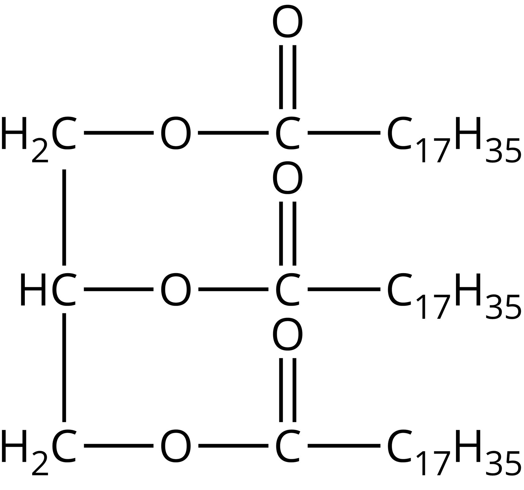 Na ilustracji jest wzór tristearynianu glicerolu: po lewej stronie wzoru z góry na dół łączą się ze sobą następujące grupy - metylenowa z grupą CH, ta z kolei łączy się z kolejną grupą metylenową. Po prawej stronie wzoru każda z nich łączy się z grupą COO, a ta z kolei z grupą                C                 17                       H                 35         .