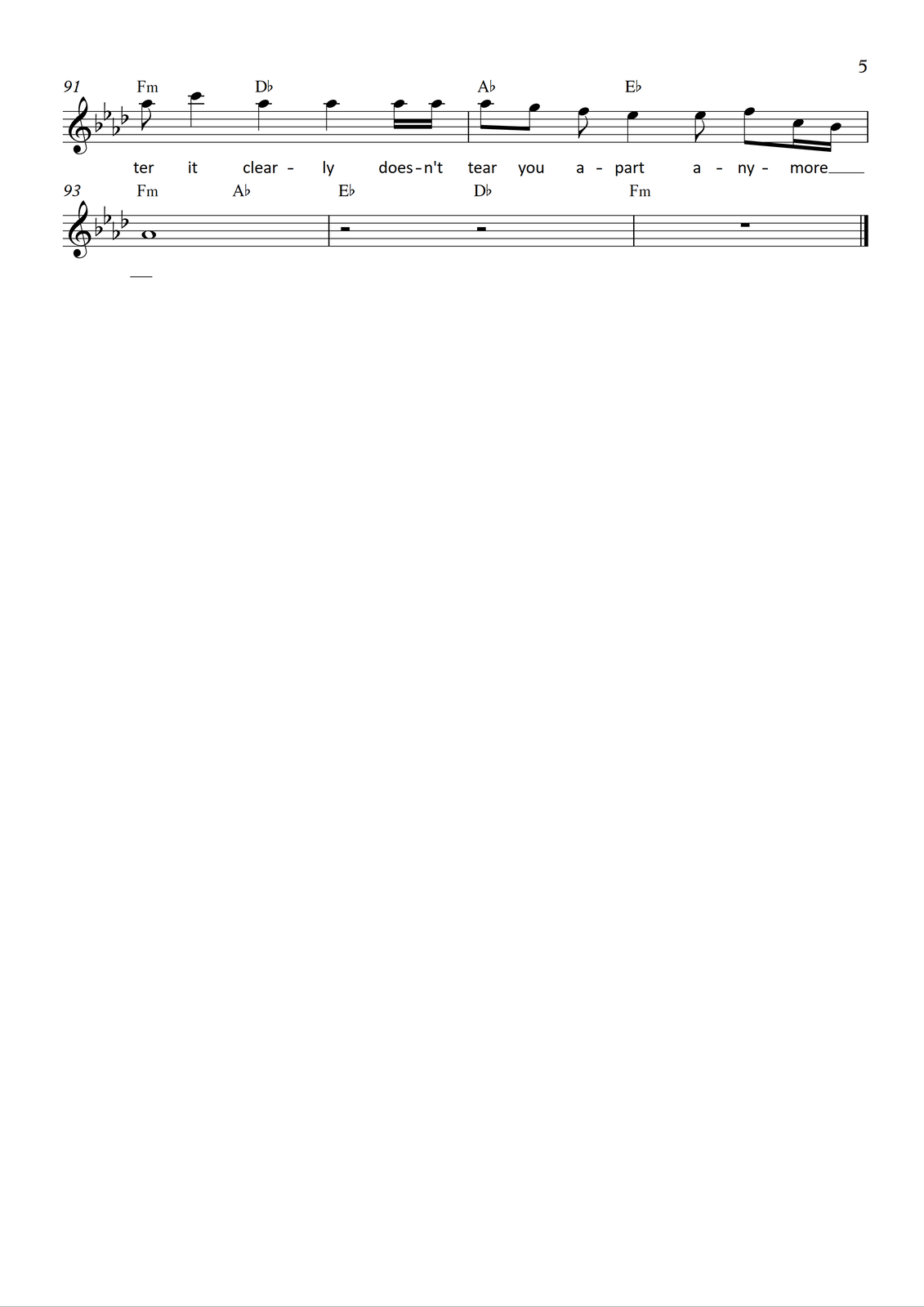 Fragment zapisu nutowego do utworu „Hello” z repertuaru Adele Grafika przedstawia część partytury do utworu „Hello” z repertuaru wokalistki Adele. Słowa oraz muzyka są autorstwa Adele Adkins oraz Grega Kurstina. Utwór jest napisany w metrum cztery czwarte, w tonacji As‑dur. Wszystkie dźwięki znajdują się w obrębie oktaw razkreślnej, dwukreślnej oraz trzykreślnej i są zapisane w kluczu wiolinowym.
W takcie dziewięćdziesiątym pierwszym na pierwszą miarę śpiewana jest ósemka as, następnie ćwierćnuta c, dalej dwie ćwierćnuty as oraz dwie szesnastki as. W takcie grane są akordy: f‑moll na pierwsze półtorej miary oraz Des‑dur w pozostałej części taktu. Takt dziewięćdziesiąty drugi rozpoczyna się od ósemek as oraz g, dalej śpiewana jest ósemka f i ćwierćnuta es, następnie ósemka es, a na czwartą miarę ósemka f oraz szesnastki c oraz b. W takcie grane są akordy: As‑dur na pierwsze półtorej miary oraz Es‑dur w pozostałej części taktu. W takcie dziewięćdziesiątym trzecim śpiewana jest tylko cała nuta as. W takcie grane są akordy: f‑moll na pierwsze półtorej miary oraz As‑dur w pozostałej części taktu. W takcie dziewięćdziesiątym czwartym zapisano pauzę całonutową; w takcie grane są akordy: Es‑dur na pierwsze półtorej miary oraz Des‑dur w pozostałej części taktu. W ostatnim, dziewięćdziesiątym piątym takcie, zapisano pauzę całonutową. W takcie grany jest akord f‑moll.