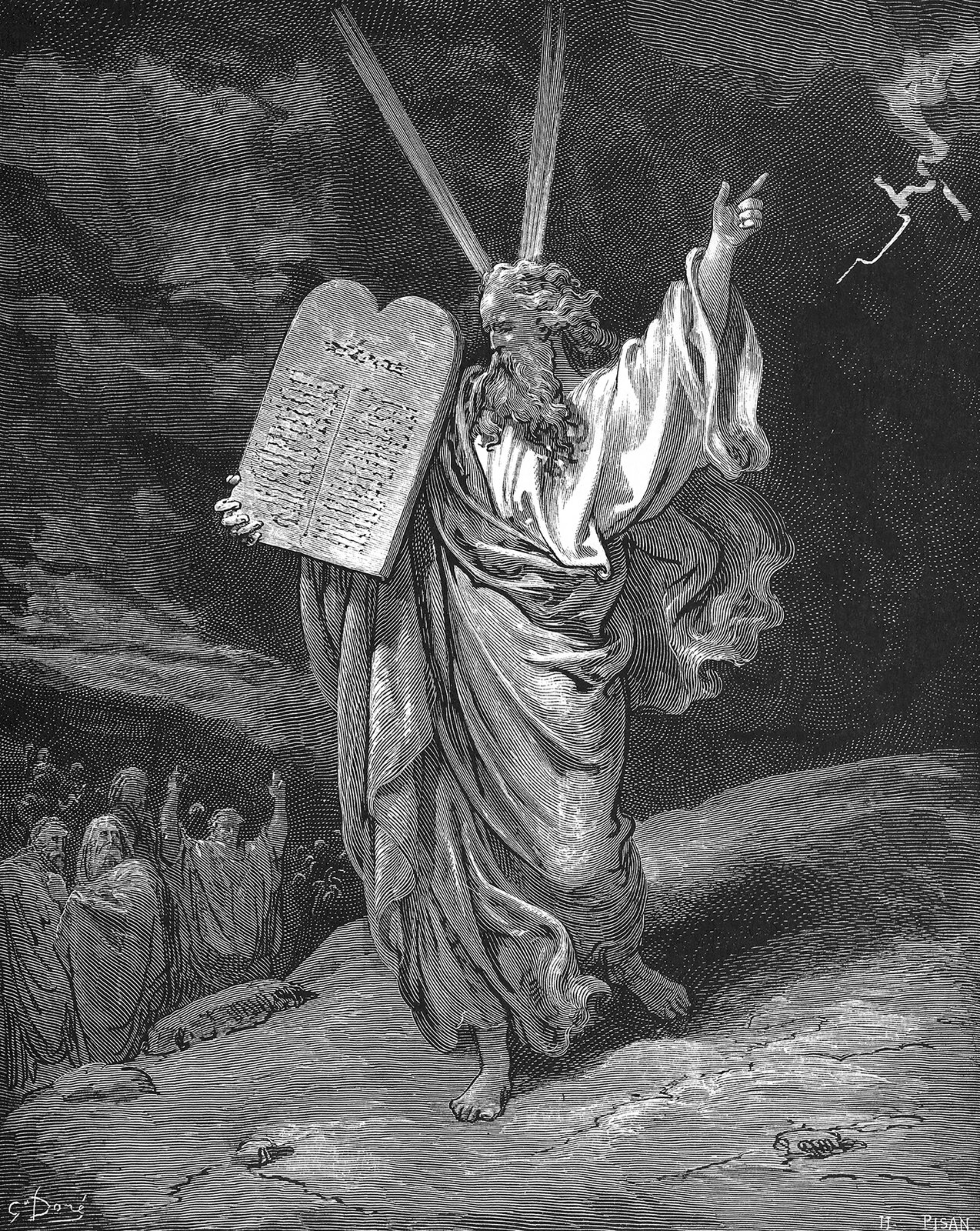 Sylwetka mężczyzny w todze, z długą siwą brodą i długimi włosami, ukazana w dynamicznej pozie zejścia z góry. Zza jego głowy ku górze rozchodzą się dwa promienie światła. Lewą rękę wyciąga ku prawej krawędzi ilustracji. W prawej ręce, na wysokości korpusu ciała, trzyma kamienne tablice Dekalogu. W tle widać ciemną noc i piorun przecinający niebo. W lewej dolnej części drzeworytu uchwycono grupę mężczyzn w długich szatach, okazujących uwielbienie dla wydarzenia jakie nastąpiło. 