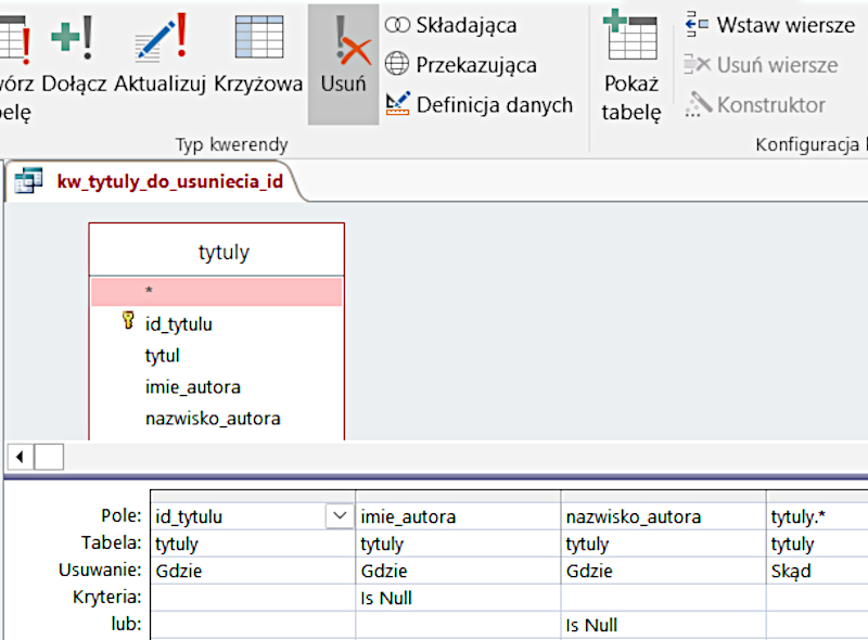 Ilustracja zawiera zrzut ekranu z programu. W górnej części grafiki widoczne są opcje programu, gdzie zaznaczona jest funkcja usuń. Poniżej widnieje kwadratowe pole zawierające informację o tytułach takie jak id tytułu, tytuł, imię autora, nazwisko autora. Poniżej widoczna jest tabela zawierająca szczegółowe dane dotyczące id tytułu, imienia autora, nazwiska autora oraz samego tytułu.