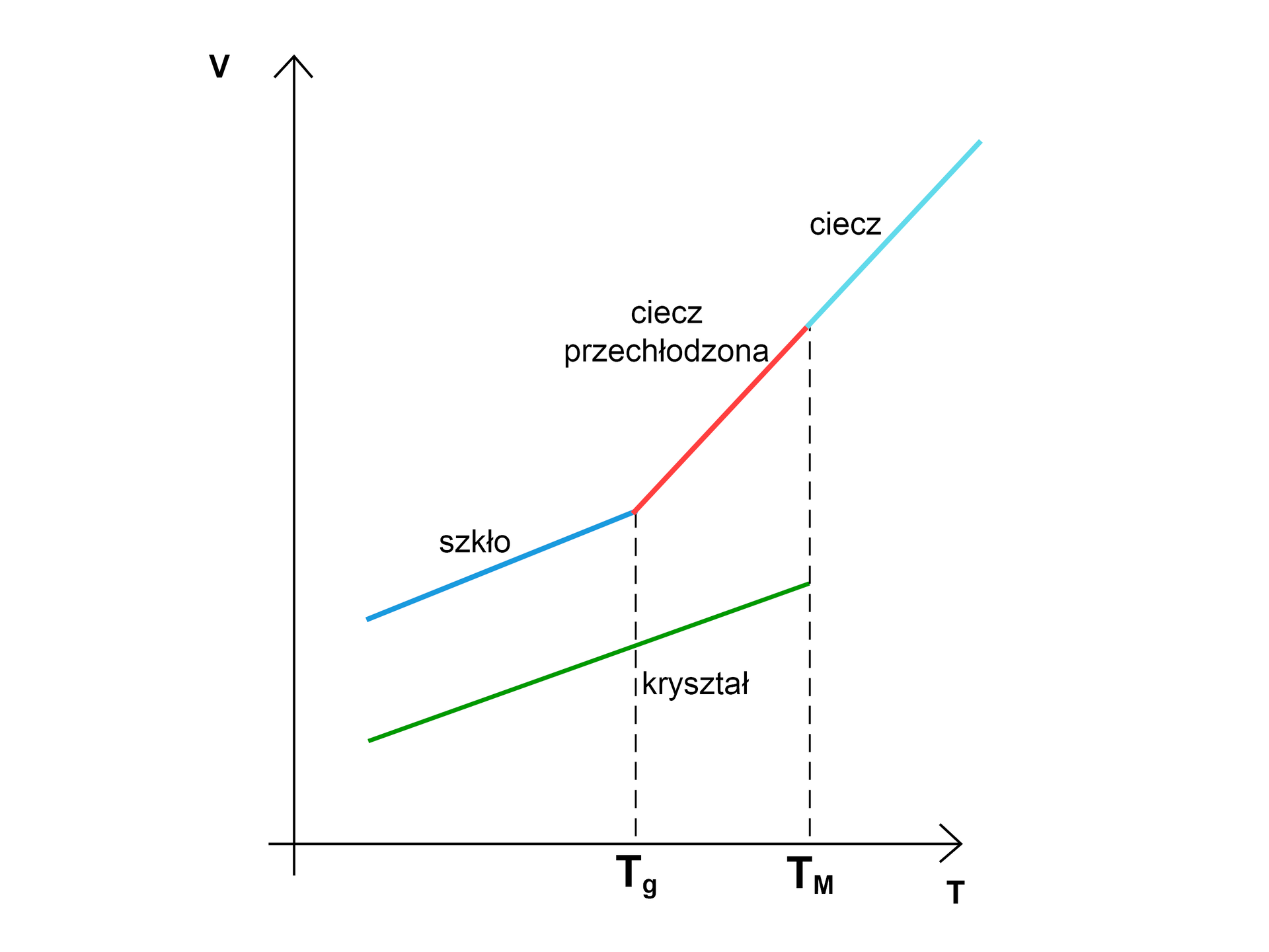 Wykres przedstawiający zmianę pojemności cieplnej. Na osi poziomej zaznaczono temperaturę, na osi pionowej objętość. Wraz ze wzrostem temperatury pojemność cieplna rośnie. Dla kryształu zależność jest liniowa i stanowi ją prosta nachylona do osi poziomej pod kątem ostrym, przecinająca punkt wyznaczający temperaturę TG i dochodząca do punktu TM. Dla szkła fragment wykresu jest równoległy do wykresu dla kryształu, jednak przypisane są mu większe wartości. Prosta poprowadzona jest od obszaru obok osi pionowej do punktu wyznaczającego TG. Dalej od tegoż punktu odchodzi odcinek o większym nachyleniu do osi poziomej wyznaczająca wykres dla cieczy przechłodzonej. Odcinek ten kończy się w punkcie TM. Od punktu TM wykres odpowiada cieczy. i jest przedłużeniem odcinka TG; TM.