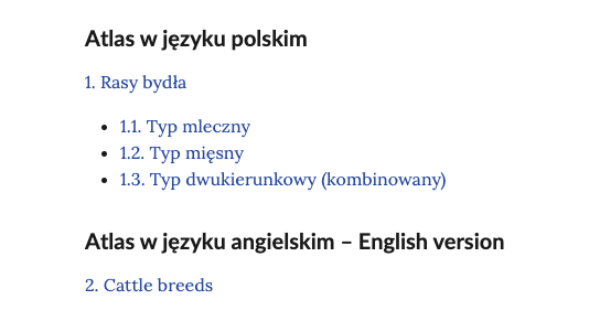 Grafika przedstawia spis treści podany w punktach. Tytuł spisu: Atlas w języku polskim. Zawartość spisu: 1. Rasy bydła. 1.1. Typ mleczny. 1.2. Typ mięsny. 1.3. Typ dwukierunkowy (kombinowany). Kolejny tytuł: Atlas w języku angielskim - English version.  Kolejny punkt: cattle breeds.