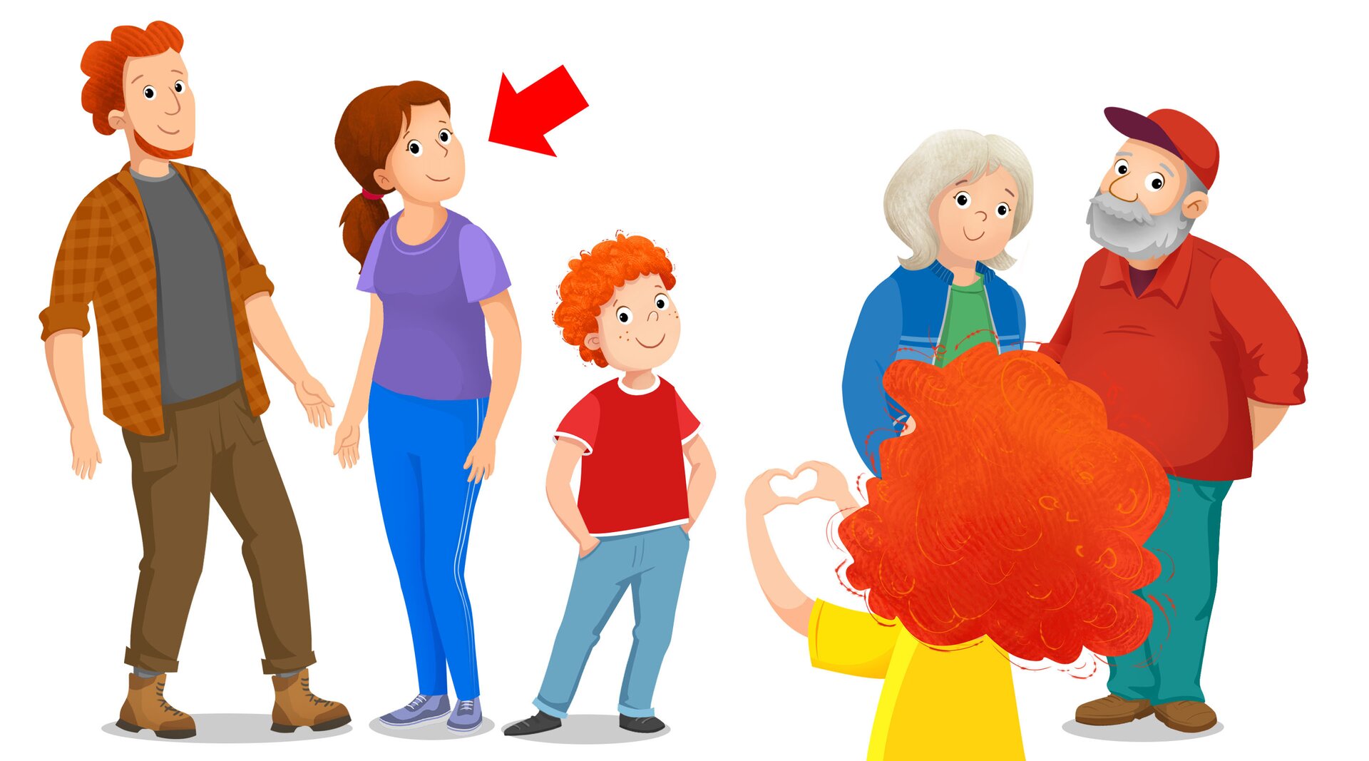 Ilustracja przedstawia rodzinę. Strzałka wskazuje mamę.