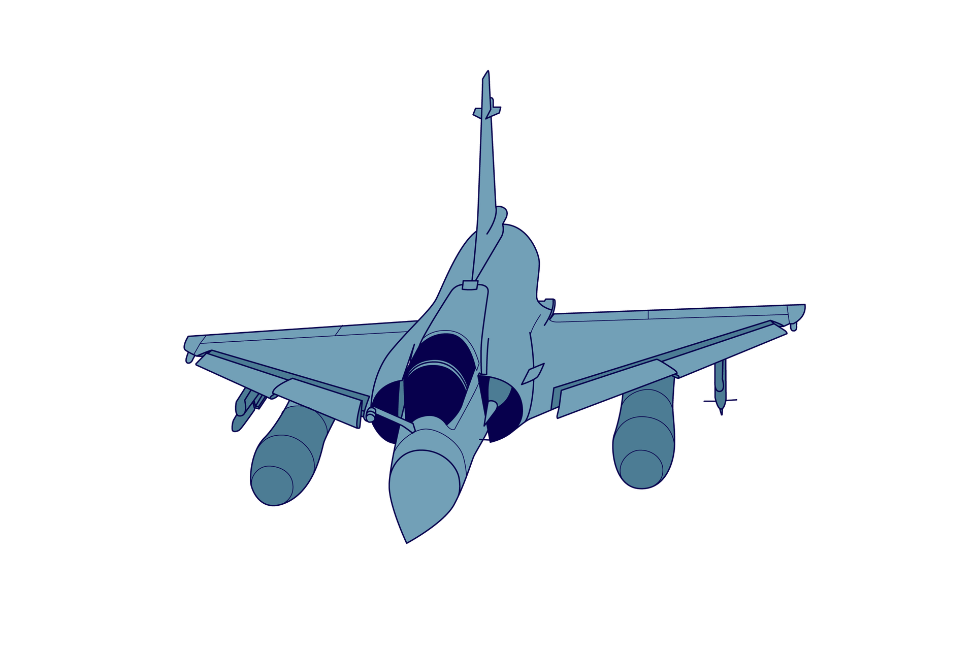 Ilustracja przedstawia myśliwiec wojskowy w układzie bez usterzenia poziomego. Skrzydła są umieszczone w połowie długości kadłuba a na ogonie jest tylko ster pionowy, bez sterów poziomych.