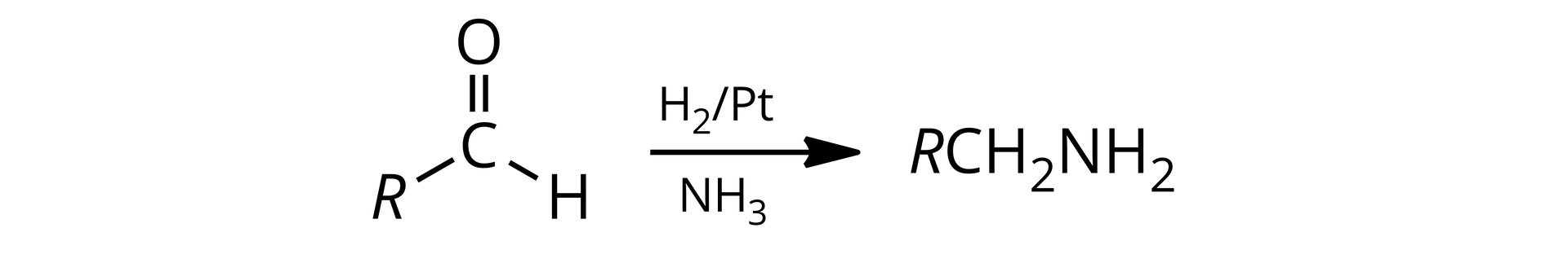 Ilustracja przedstawiająca równanie reakcji chemicznej. Cząsteczka aldehydu zbudowanego z atomu węgla połączonego za pomocą wiązania podwójnego z atomem tlenu oraz za pomocą wiązań pojedynczych z atomem wodoru oraz z grupą R. Strzałka w prawo, nad strzałką wodór H2 na platynie Pt oraz amoniak NH3. Za strzałką cząsteczka aminy zbudowana z podstawnika R połączonego z grupą CH2 związaną z grupą aminową NH2.