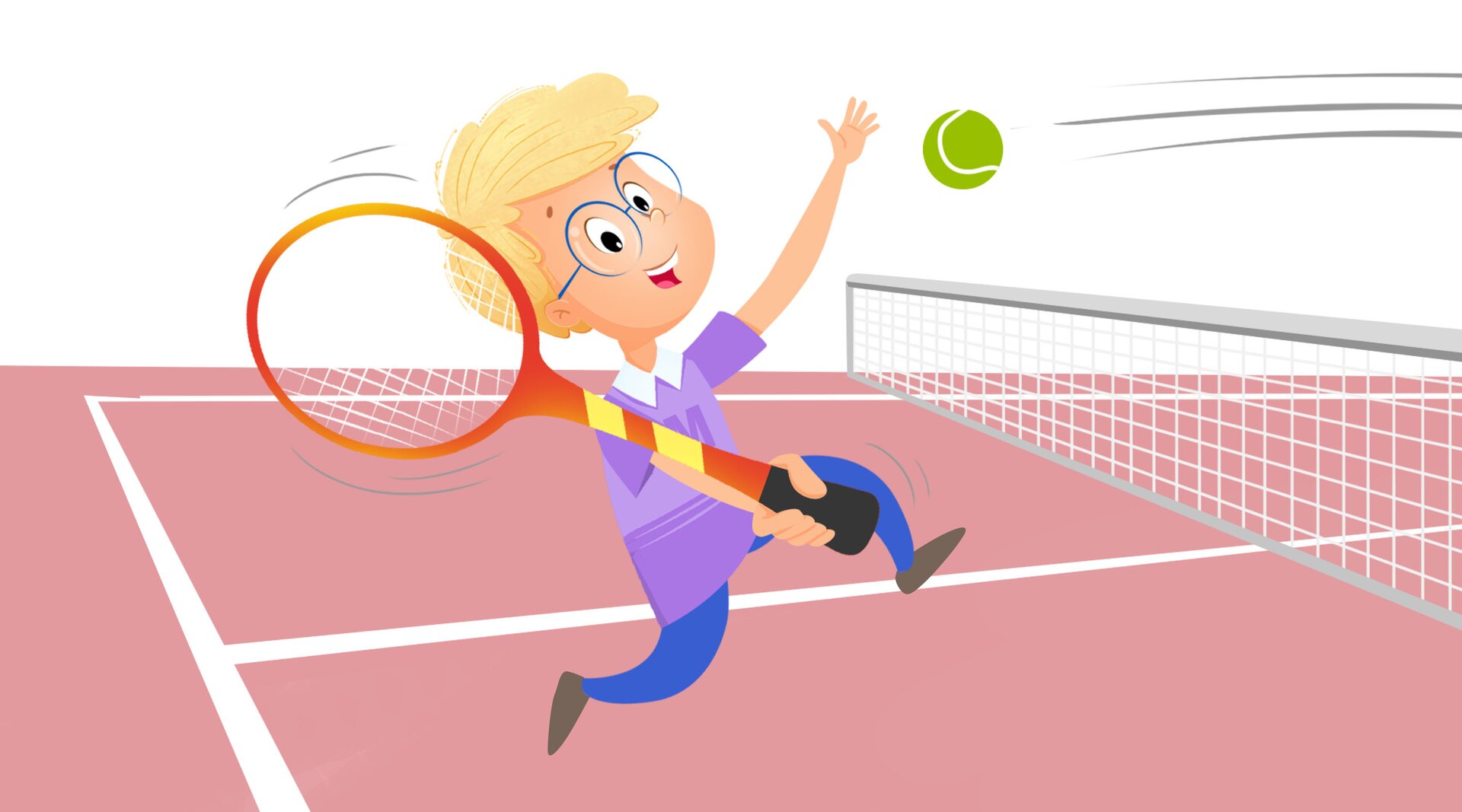 Na ilustracji znajduje się chłopiec grający w tenisa.
