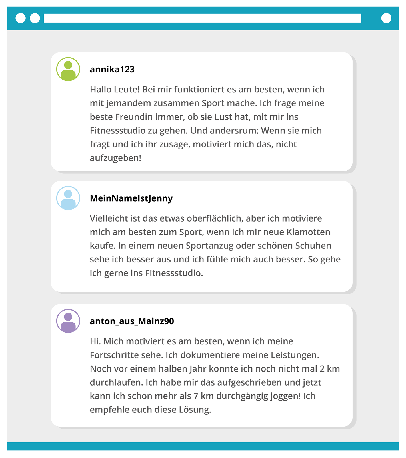 Ilustracja przedstawia trzy wpisy na forum różnych osób. Transkrypcja dostępna jest poniżej.