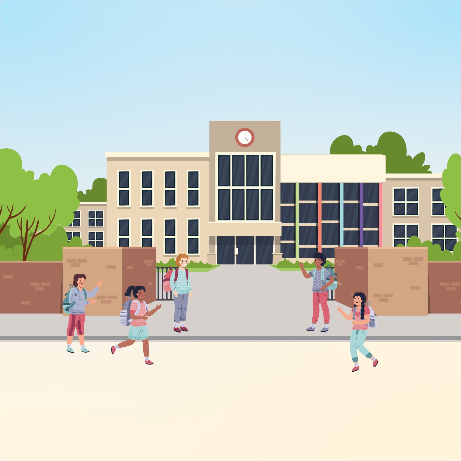 Ilustracja przedstawia bramę wejściową do budynku szkolnego. Budynek jest wysoki i ma dużo okien. Nad wejściem do budynku znajduje się zegar wskazujący godzinę 5:00. Przed bramą wejściową znajdują się dzieci w wieku szkolnym. Dzieci biegają i cieszą się no nosząc na plecach tornistry.