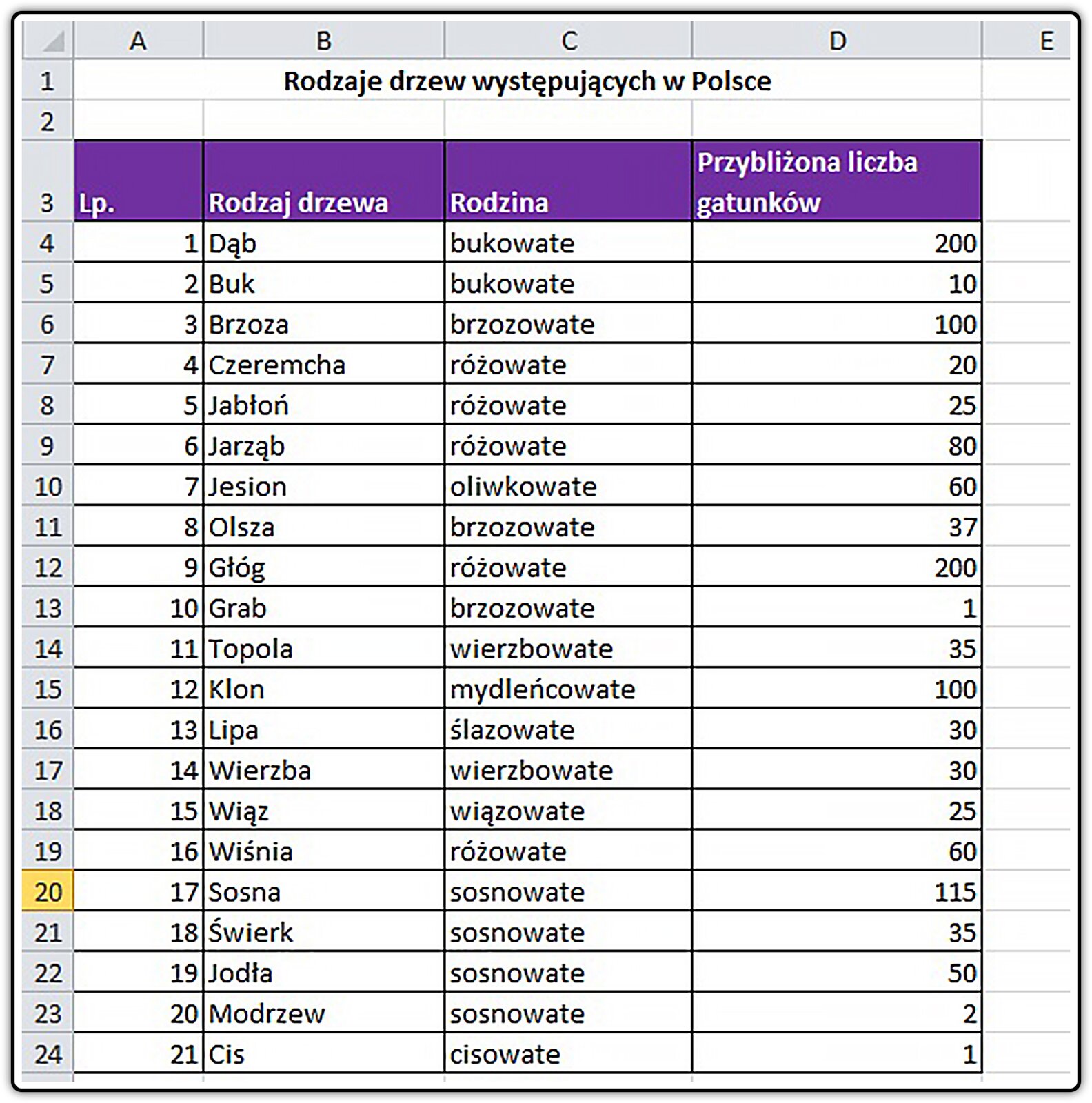 Zrzut arkusza z tabelą do pobrania