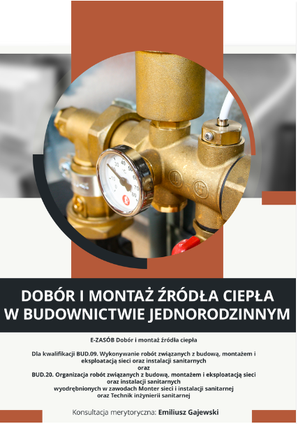 Grafika przedstawia przykładowy wygląd okładki e‑booka. W centralnym miejscu znajduje się zdjęcie miedzianych rur instalacji centralnego ogrzewania. Na jednej z nich został umieszczony okrągły wskaźnik z podziałką. Poniżej widnieje tytuł, opis kwalifikacji oraz informacja o konsultancie merytorycznym.