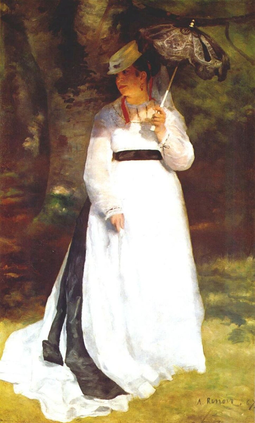 Ilustracja o kształcie pionowego prostokąta przedstawia obraz Auguste Renoira „Lisa z parasolką”. Ukazuje elegancką kobietę, ubraną w białą suknie. Kobieta przechadza się po parku. W lewej ręce trzyma mały parasol, który chroni ją przed słońcem.
