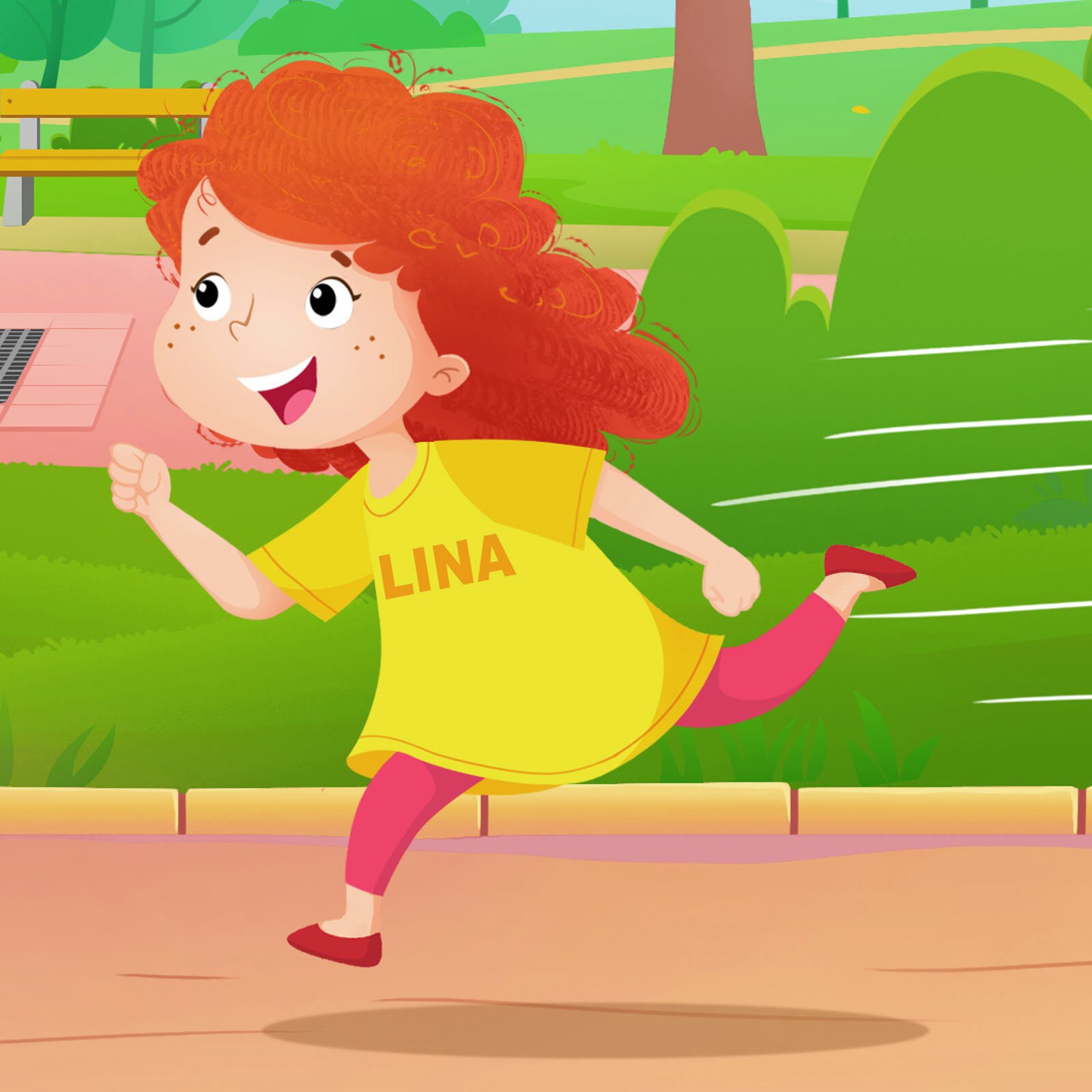 Ilustracja przedstawia dziewczynkę o imieniu Lina, która biegnie.