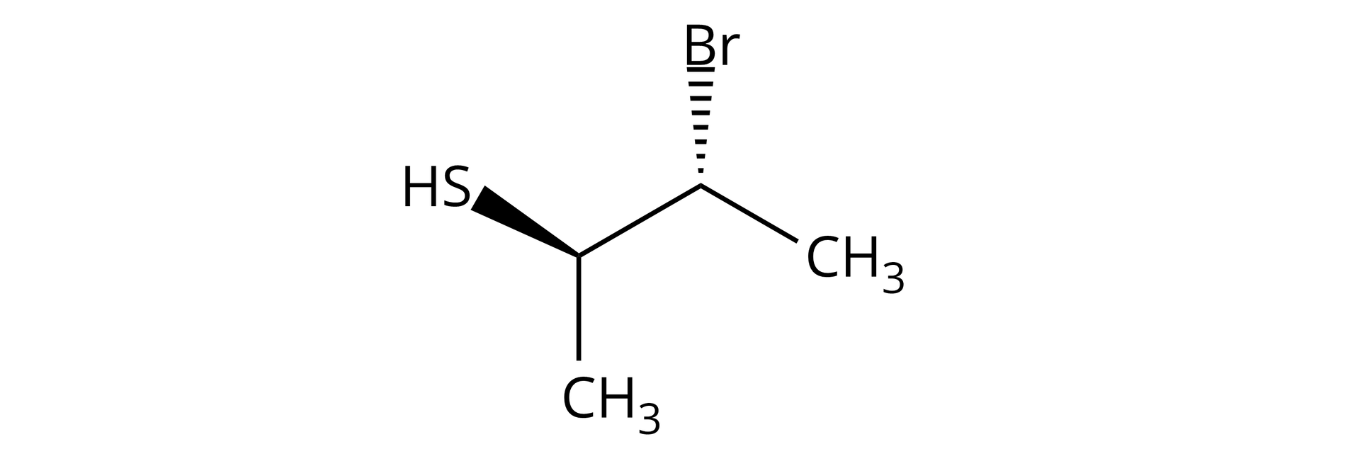 Ilustracja przedstawiająca cząsteczkę zbudowaną z czterowęglowego łańcucha znajdującego się w płaszczyźnie monitora. A zatem od lewej strony z grupy metylowej połączonej z grupą CH połączoną z grupą tiolową SH wychodzącą do góry przed płaszczyznę, co symbolizuje zamalowany klin odpowiadający wiązaniu węgiel siarka. Wspomniany atom węgla łączy się z dalszą częścią łańcucha, to jest z grupą CH, której atom węgla związany jest z atomem bromu odchodzącym do góry za płaszczyznę, co symbolizuje przerywany klin reprezenujący wiązanie węgiel brom. Ponadto atom węgla grupy CH łączy się z grupą metylową.