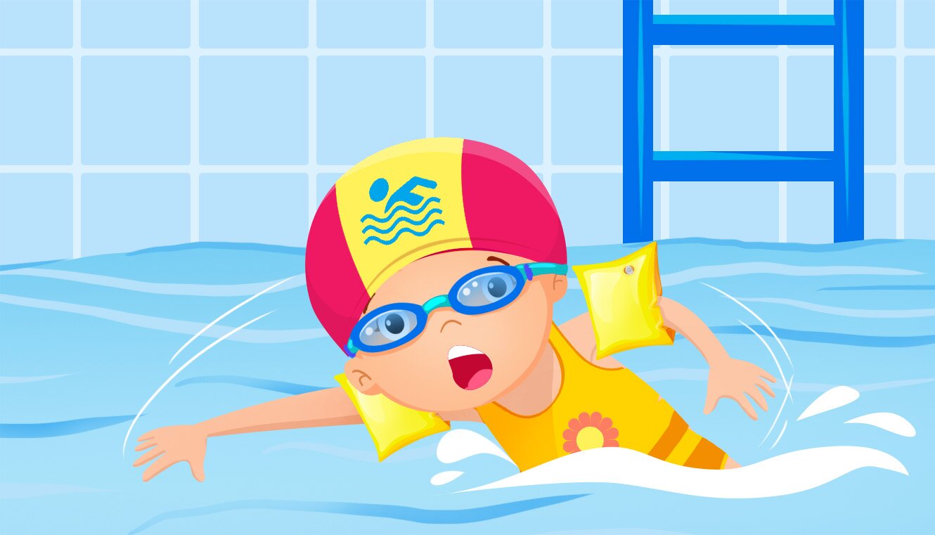 Na ilustracji widoczna jest dziewczynka pływająca w basenie. Na głowie ma czepek założyła okulary i rękawki ułatwiające pływanie.