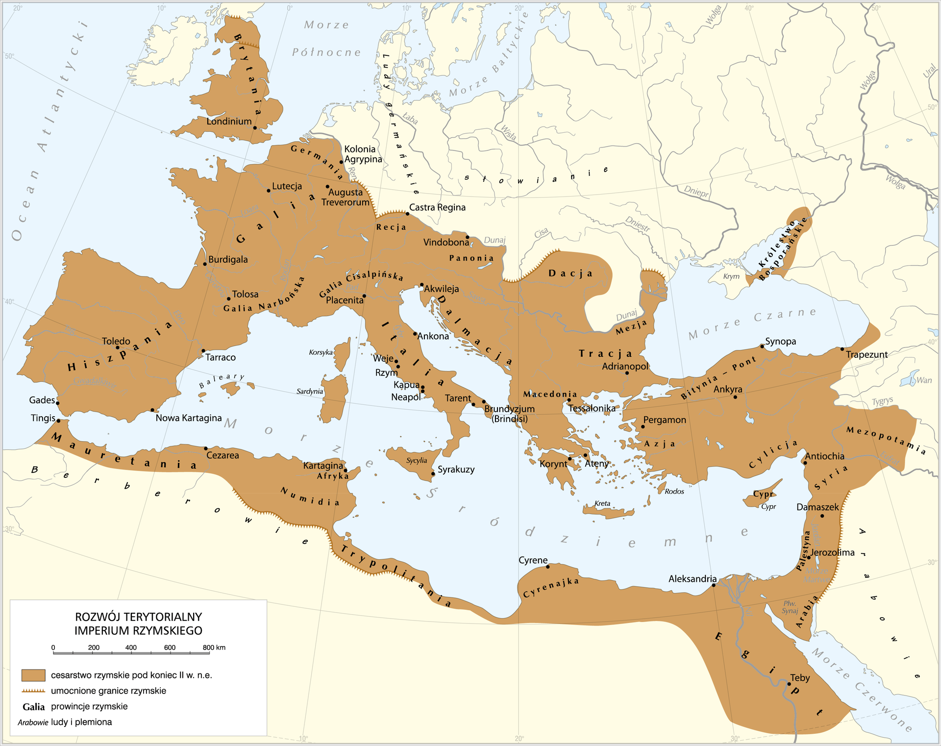 Mapa ekspansji Rzymu ok. roku 9. przed naszą erą. Państwo rzymskie rozciąga się po północnej stronie basenu Morza Śródziemnego. Tworzą go: Hiszpania, Galia Narbońska, Galia Cisalpińska, Italia, Iliria, Macedonia, Azja, Afryka, Korsyka, Sycylia, Sardynia, Trypolitania w północnej Afryce oraz Cylicja na Dalekim Wschodzie, Królestwo Bosporańskie nad Morzem Czarnym, Egipt, Turcja, Numidia w północnej Afryce i Galia na terenie obecnej Francji a także Mezopotamii, Dacji, Tracji, Mezji, Dalmacji, Brytanii na terenie obecnej Wielkiej Brytanii i  terytoria współczesnej Syrii, Libanu, Izraela i Jordanii, Mauretanii w północnej Afryce.