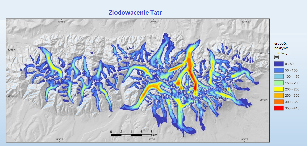 Ilustracja przedstawia mapę z górskimi dolinami. Tworzą sieć rozgałęzień. W zachodniej części lodowiec pokrywa mniejszy obszar dolin, we wschodniej większy. Grubość pokrywy lodowej jest najmniejsza na obrzeżach jęzorów i na końcach. We wschodniej części w niektórych dolinach grubość pokrywy jest znaczna - nawet od 350 do 418 metrów. Wyróżnia się jedna z dolin.    