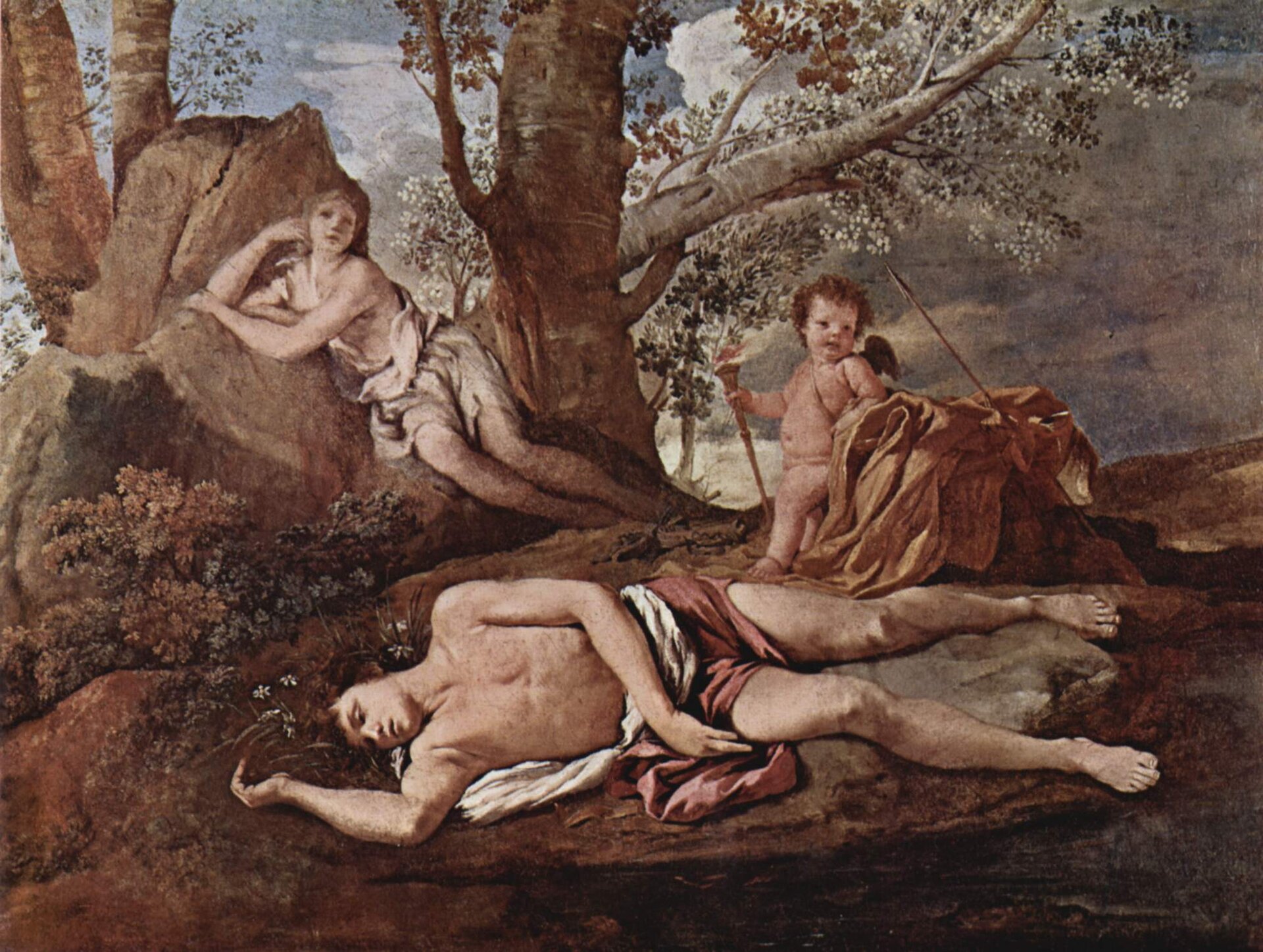 Obraz przedstawia scenę rodzajową. Na polanie, pośród drzew śpi wpółnagi, młody mężczyzna. Śpiącemu przygląda się młoda kobieta siedząca nieopodal, przy drzewach i mały, skrzydlaty cherubin.