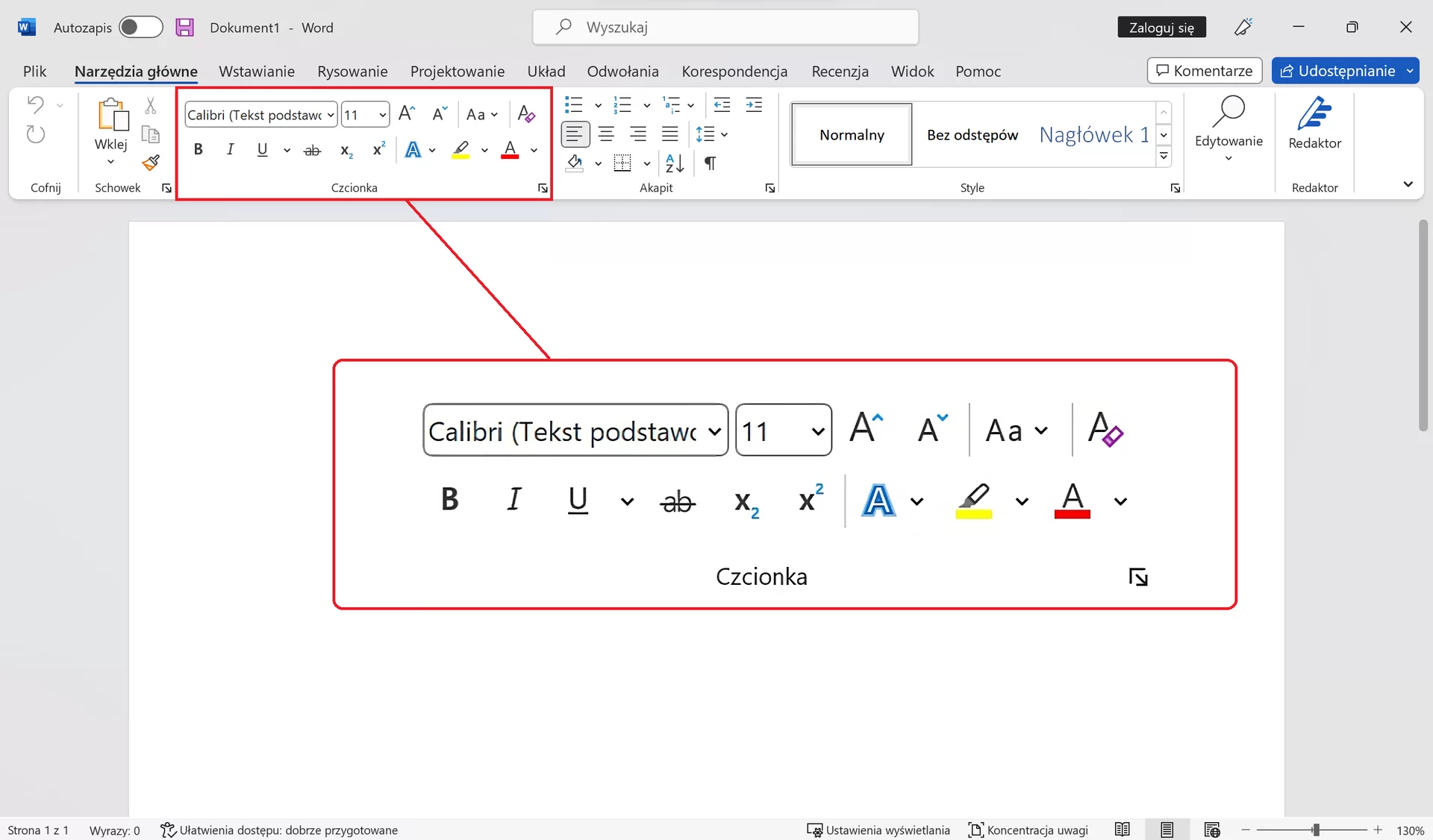 Zrzut okna programu Microsoft Word z zaznaczonym elementami do formatowania tekstów. Wyróżnione zostały wybór czcionki, rozmiar czcionki, pogrubienie, kursywa, podkreślenie, przekreślenie, przypis dolny, przypis górny, zmiana tła tekstu, zmiana koloru tekstu oraz wyczyszczenie całego formatowania tekstu.