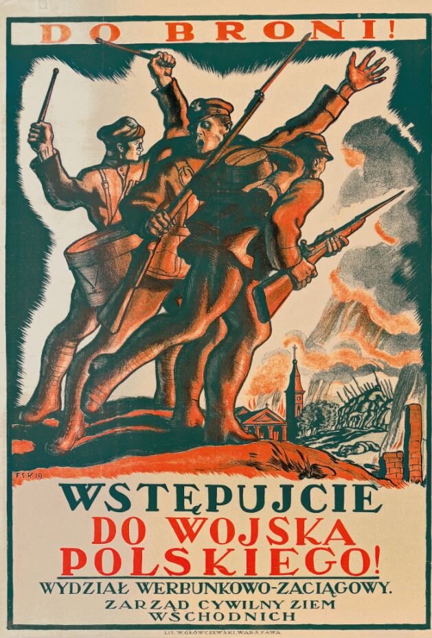 Plakat zachęcający do zaciągania się do wojska polskiego. Na plakacie widać jest trzech polskich żołnierzy piechoty. Dwóch z nich trzyma w rękach karabiny, trzeci unosi pałeczki nad wielkim bębnem zawieszonym na swojej szyi. W oddali widać zabudowania miejskie. Na plakacie widnieje napis Do broni! Ojczyzna was wzywa! Wstępujcie do Wojska Polskiego. Wydział werbunkowo-zaciągowy Zarząd Cywilny Ziem Wschodnich.