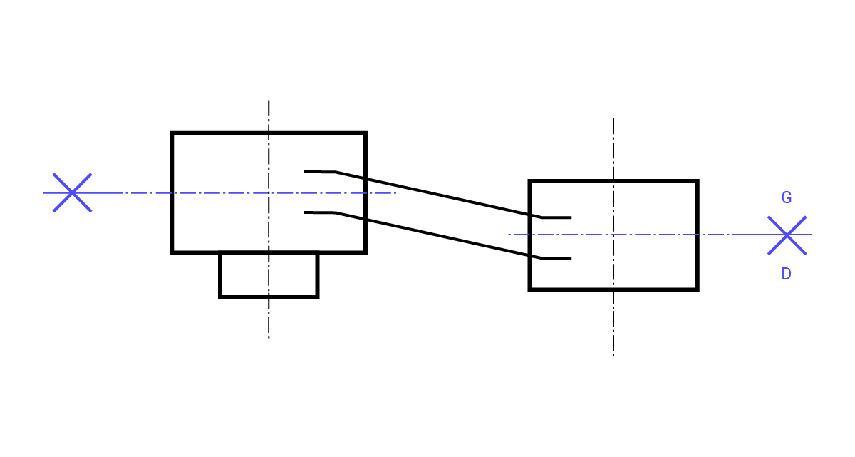 Na ilustracji przedstawiona jest powierzchnia podziału dla surowego odlewu. Odlew ma kształt dwóch prostokątów, umieszczonych w niewielkiej odległości obok siebie. Połączone są ze sobą dwoma prostymi. Po obu stronach znajdują się grube kreski, na których znajdują się krzyżyki oznaczające powierzchni podziału.  Po prawej stronie nad kreską znajduje się duża litera G, natomiast pod kreską duża litera D. Poziome linie symetrii oraz oznaczenia: krzyżyk, G, D są narysowane w kolorze niebieskim.