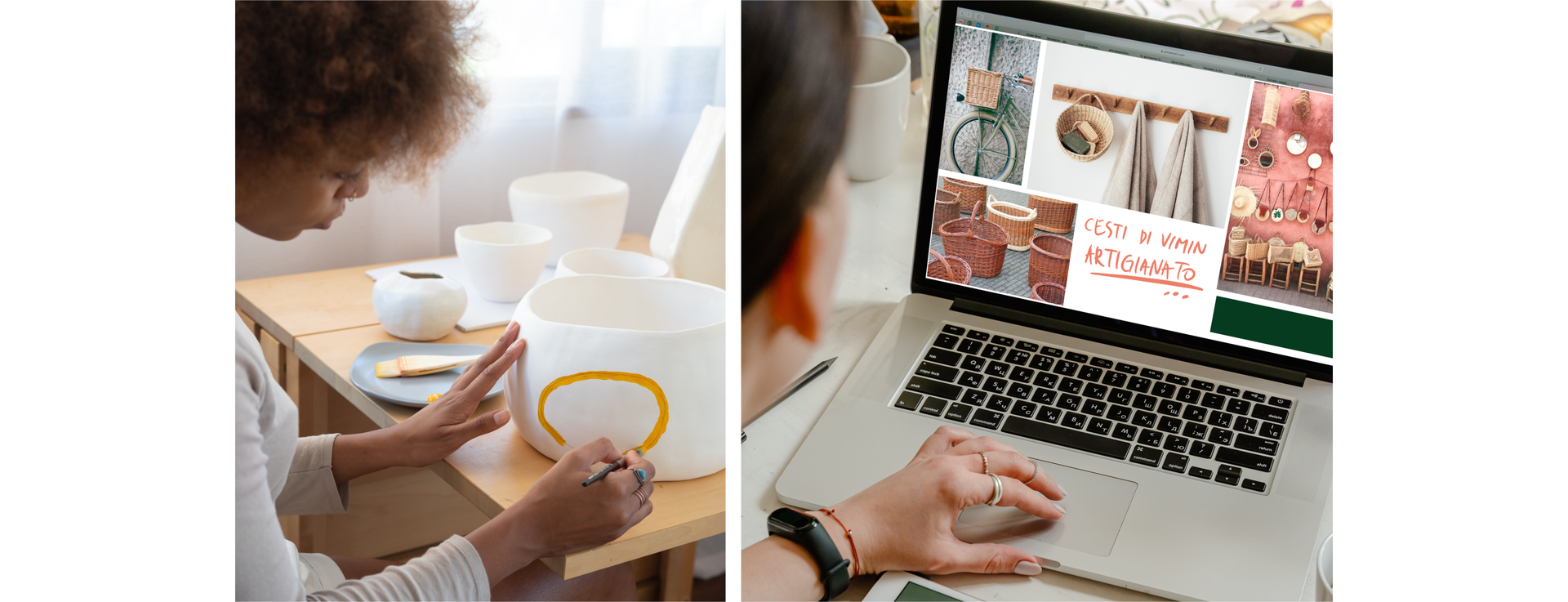 Ilustracja składa się z dwóch zdjęć. Na zdjęciu po lewej kobieta maluje ręcznie jakieś naczynie. Po prawej siedzi przed ekranem laptopa.