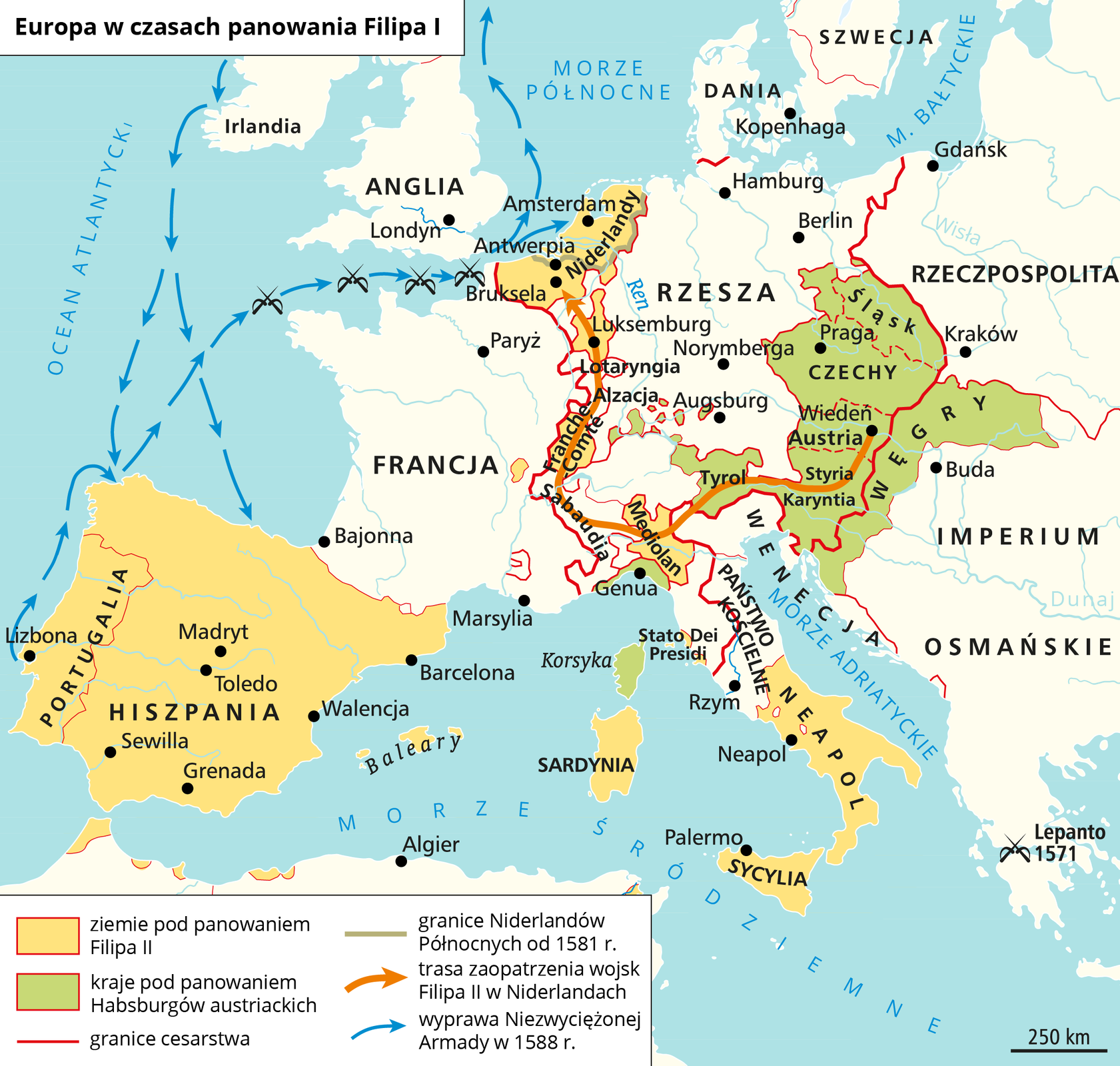 Mapa przedstawia Europę w czasach panowania Filipa drugiego. Ziemie pod panowanie Filipa drugiego obejmowały cały półwysep Iberysjki Niderlandy, Belgię, Sardynię, Sycylię, Baleary, południowy półwysep Apeniński, Mediolan, Luksemburg, France Comte i fragmenty wybrzeża Maroka, Algierii i Tunezji. Pod panowanie Habsburgów austriackich znalazły się Węgry, Tyrol, Karyntia, Styria, Czechy, Morawy, Austria,  Śląsk, Korsyka, południowe fragmenty Niemiec oraz Genua i tereny wybrzeża wokół niej.  Do Cesarstwa należało Pomorze Zachodnie, Śląsk, Czechy, Morawy, Austria, Karyntia, Turol, Północno zachodnie Włochy, Niderlandy i wszystkie państwa Rzeszy.  Od 1581 roku Niderlandy Północne obejmowały tylko północną część Niderlandów.  Trasa zaopatrzenia wojsk Filipa drugiego w Niderlandach biegła od Wiednia przez Tyrol, Mediolan Franche Comte, Luksemburg, aż do Brukseli. W 1588 roku z Irlandii oraz Lizbony wyruszyła wyprawa Niezwyciężonej Armady. Obie armie spotkały się w hiszpańskiej Galicji, a flota wypływająca z Irlandii dotarła jeszcze do zachodniej Baskonii. Z Galicji wojska wypłynęły na kanał La Manche, na którym stoczyły cztery bitwy i popłynęły do Amsterdamu i Szkocji.  W1571 roku w Lepanto w Grecji stoczono bitwę. 