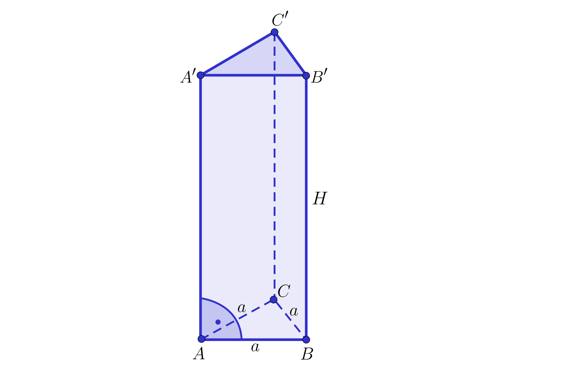 Na ilustracji przedstawiono graniastosłup A B C A prim B prim C prim, którego podstawy stanowi trójkąt równoboczny. Krawędź boczną oznaczono wielką litera H i tworzy z krawędzią podstawy kąt prosty.
