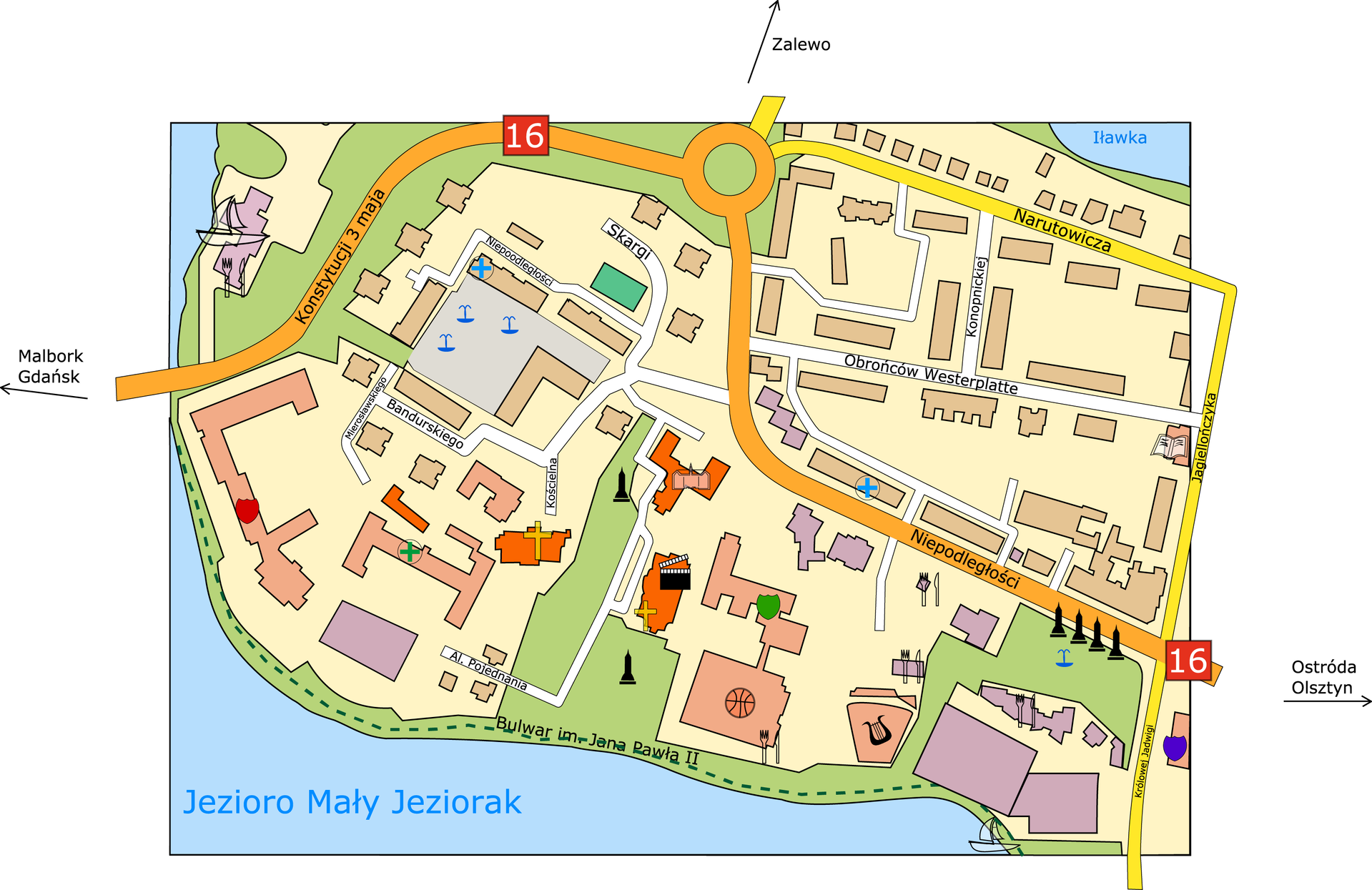 Ilustracja przedstawiająca plan okolic Starego Miasta w Iławie. Sygnaturami oznaczono kościoły, szkoły, biblioteki, apteki, hale widowiskowo‑sportowe, Urząd Miasta, przystanie żeglarskie, amfiteatr, kina, fontanny, pomniki, bary i restauracje. Kolorami oznaczono powierzchnie zajmowane przez place, zabytki, tereny zielone, budynki użyteczności publicznej, usługowe i mieszkalne. Liniami ulice i drogi. Na planie gęsta zabudowa miejska, na południowym zachodzie Jezioro Mały Jeziorak. Przez zabudowania z zachodu na wschód biegnie droga krajowa.