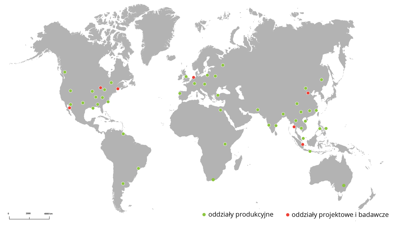 Na ilustracji mapa świata. Zielonymi punktami oznaczono oddziały produkcyjne Toyoty. Osiem w Europie, dwanaście w Ameryce Północnej, trzy w Ameryce Południowej, trzy w Afryce, siedemnaście w Azji i jeden w Australii. Czerwonymi punktami zaznaczono siedem oddziałów projektowych i badawczych – trzy w Ameryce Północnej, jeden w Europie, trzy w Azji.