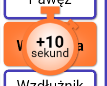 Grafika przedstawia ikonę stopera z informacją o dodaniu dziesięciu sekund do czasomierza. Na błędnie zaznaczonej nazwie pojawia się zarys stopera z tekstem plus dziesięć sekund. Zarówno nazwa, jak i stoper są pomarańczowe.