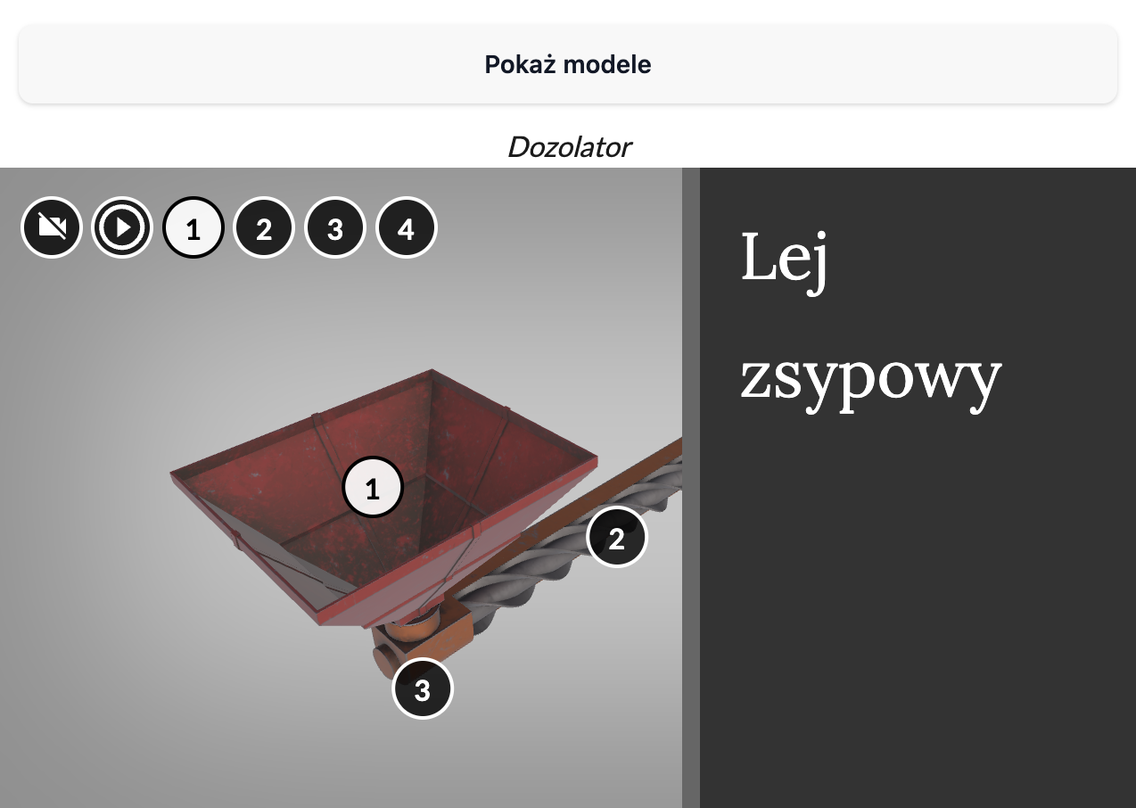 Ilustracja przedstawia zbliżenie na pierwszy element budowy modelu 3D dozolatora: lej zsypowy. 