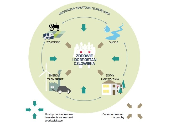 Ilustracja przedstawia co wpływa na zdrowie i dobrostan człowieka. Jest to dostęp do środowiska i narażenie na warunki środowiskowe w tym ekosystemy światowe i europejskie oraz zapotrzebowanie na zasoby w tym wodę, domy i mieszkania, energię, transport i żywność.
