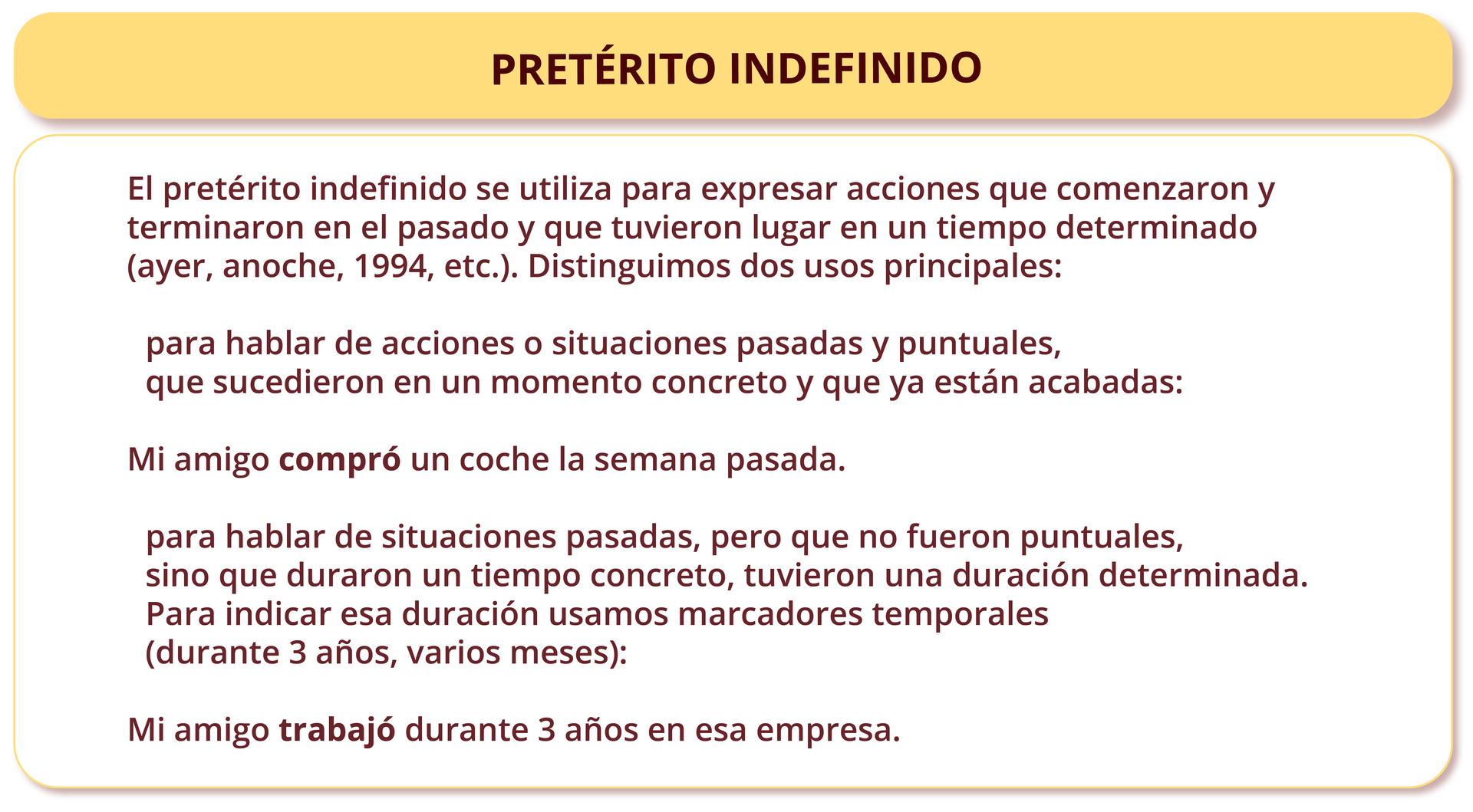 Na ilustracji znajduje się nagłówek Pretérito Indefinido. Pod nadgłówkiem umieszony jest tekst:  El Pretérito Indefinido se utiliza para expresar acciones que comenzaron y terminaron en el pasado y que tuvieron lugar en un tiempo determinado (ayer, anoche, 1994, etc.). Distinguimos dos usos principales. Para hablar de acciones o situaciones pasadas y puntuales, que sucedieron en un momento concreto y que ya están acabadas. Mi amigo compró un coche la semana pasada. Para hablar de situaciones pasadas, pero que no fueron puntuales, sino que duraron un tiempo concreto, tuvieron una duración determinada. Para indicar esa duración usamos marcadores temporales (durante 3 años, varios meses). Mi amigo trabajó durante 3 años en esa empresa..