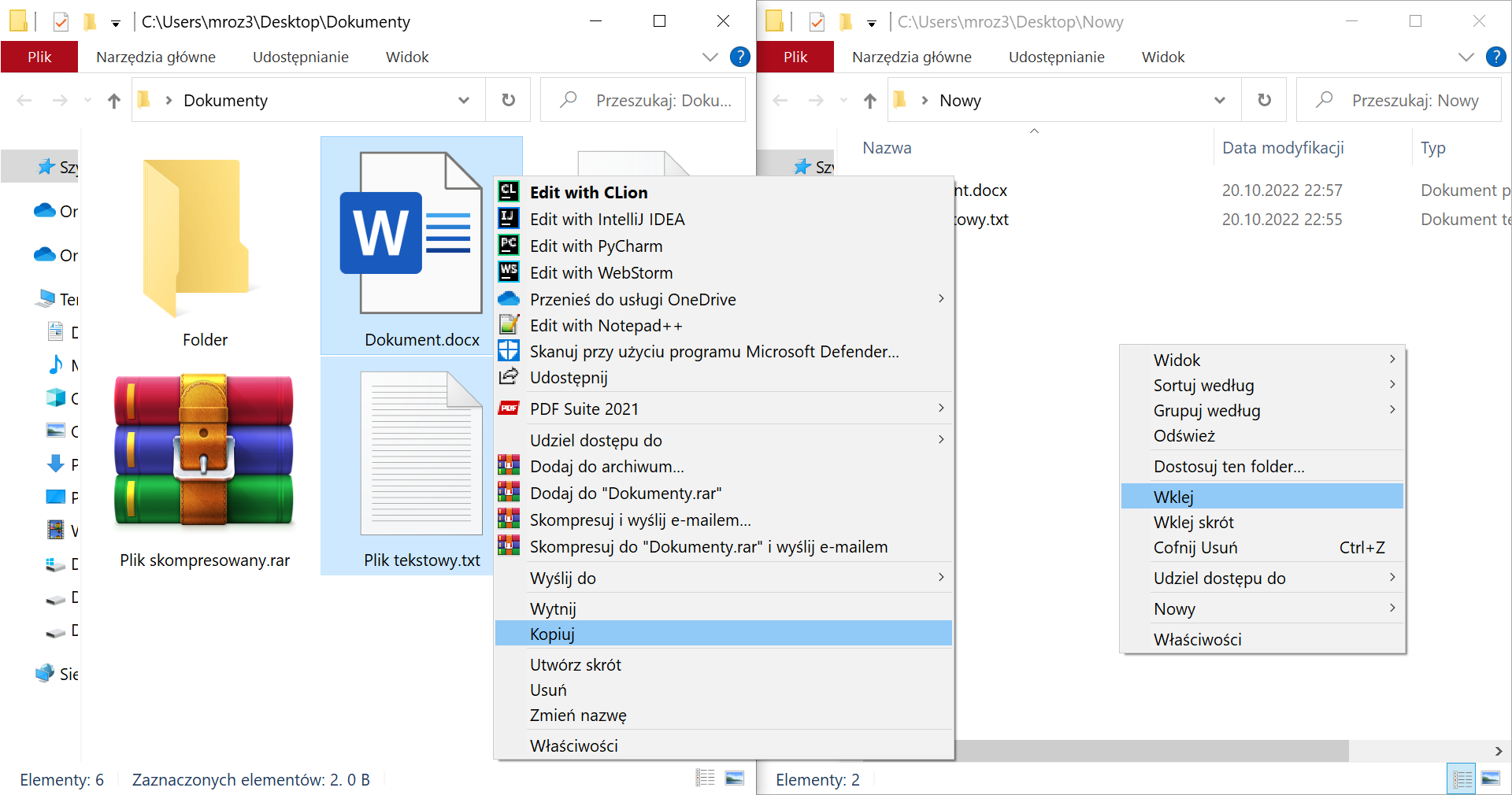 Zrzut z systemu Windows z otwartymi dwoma folderami "Dokumenty" oraz "Nowy" znajdującymi się na Pulpicie użytkownika "mroz3". Na zrzucie dokonywana jest operacja kopiowania dwóch zaznaczonych plików z folderu "Dokumenty" do "Nowy". W folderze "Dokumenty" znajduje się 6 elementów, w tym cztery widoczne - folder podpisany "Folder", dokument .docx podpisany "Dokument", plik skompresowany .rar podpisany "Plik skompresowany" oraz plik tekstowy .txt o nazwie "Plik tekstowy". Folder "Nowy" posiada dwa niewidoczne pliki .docx oraz .txt z datą modyfikacji 20.10.2022 o godzinie 22:57 oraz 22:55.  Zaznaczone i kopiowane są pliki  "Dokumenty" oraz "Plik tekstowy". W rozwiniętym menu kontekstowym w folderze "Dokumenty" dostępne są opcje "Otwórz", "NapiProjekt: Dodaj Napisy", "Drukuj", "Edytuj", "Udostępnij przez Skype'a", "Edit with CLion", "Edit with IntellJ IDEA", "Edit with PyCharm", "Edit with WebStorm", "Przenieś do usługi OneDrive", "Edit with Notepad++", "Skanuj przy użyciu programu Microsoft Defender", "Udostępnij", "Otwórz za pomocą", "PDF Suite 2021", "Udziel dostępu do", "Dodaj do archiwum", "Dodaj do "Dane.rar", "Skompresuj i wyślij e‑mailem..", "Skompresuj do "Dane.rar" i wyślij e‑mailem", "Przywróć poprzednie wersje", "Wyślij do...", "Wytnij", "Kopiuj", "Utwórz skrót", "Usuń", "Zmień nazwę", "Właściwości". Zaznaczona jest opcja "Kopiuj". W rozwiniętym menu kontekstowym w folderze "Nowy" dostępne są opcje "Widok", "Sortuj według", "Grupuj według", "Odśwież", "Dostosuj ten folder", "Wklej", "Wklej skrót", "Cofnij Usuń", "Udziel dostępu do", "Nowy", "Właściwości".  Wybrana jest opcja "Wklej". 