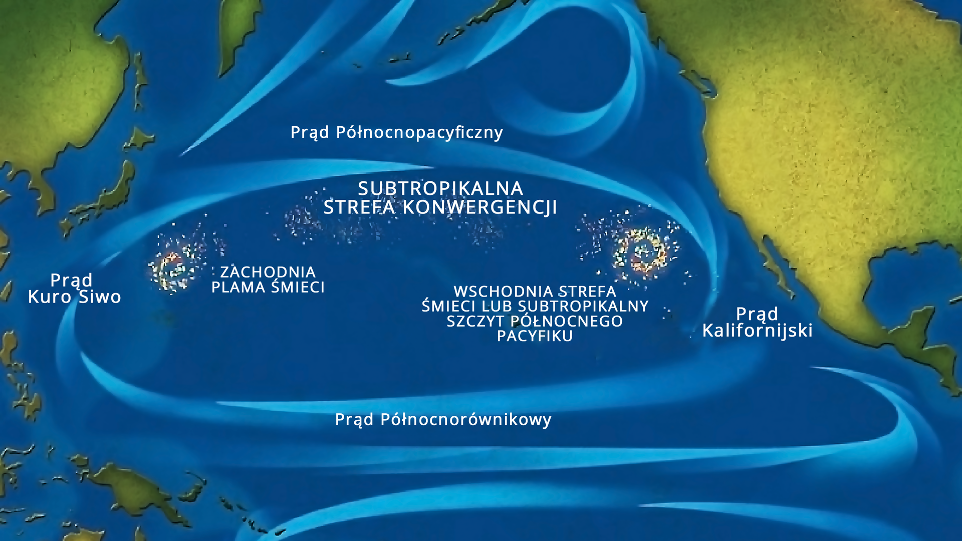 Ilustracja przedstawia prądy oceaniczne i plamy śmieci na oceanie. Z prawej strony widoczny jest kontynent Ameryki Północnej. Z lewej, kontynent Azji. Pomiędzy nimi, na ocenia znajduje się subtropikalna strefa konwergencji. Od góry Prąd Północnopacyficzny, od dołu Prąd Północnorównikowy, po prawo Prąd Kalifornijski, po lewo Prąd Kuro Siwo. W subtropikalnej strefie konwergencji występują: zachodnia plama śmieci i wschodnia strefa śmieci lub subtropikalny szczyt północnego Pacyfiku. 